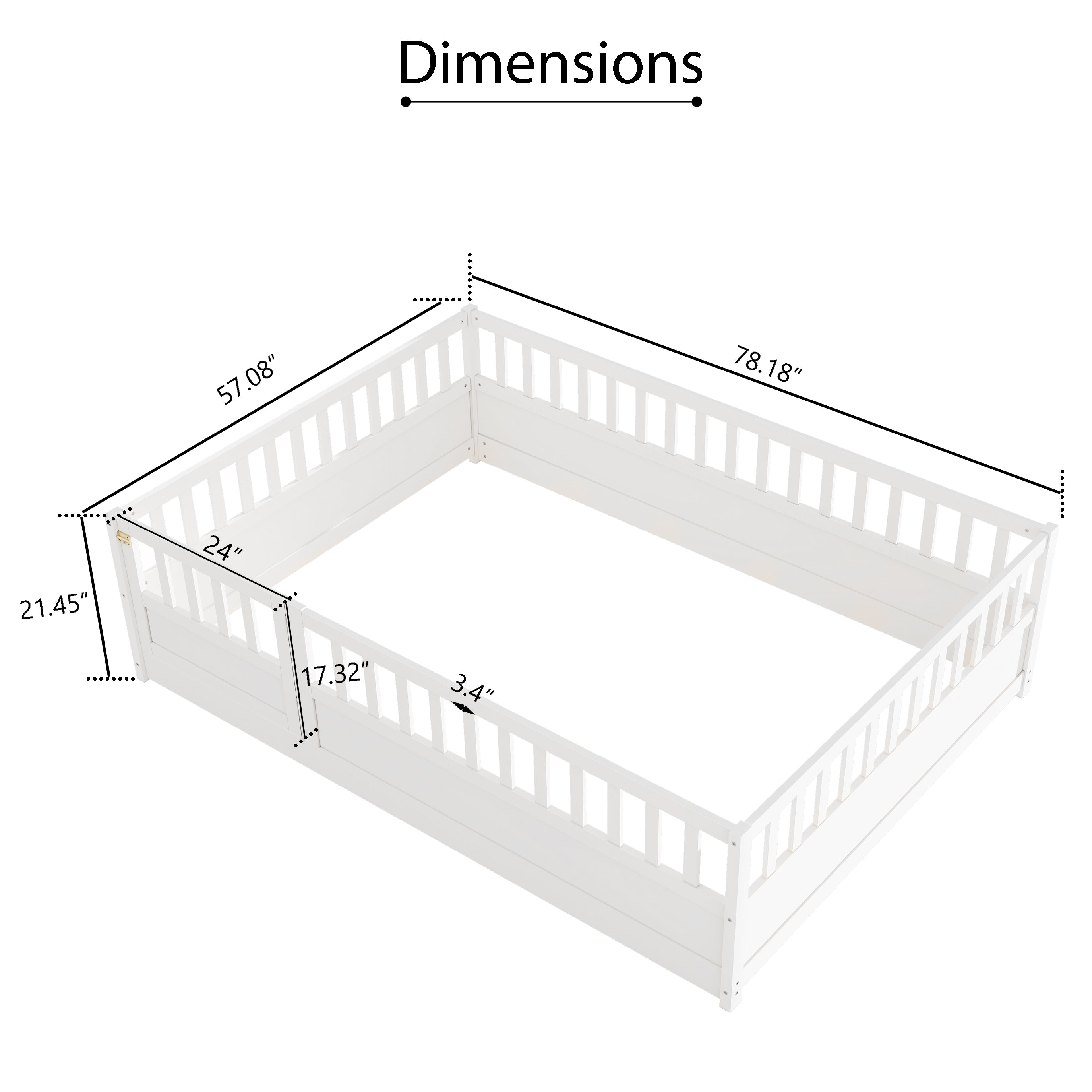 Full size  Floor bed, integral construction with super high security barrier, door, children's floor bed frame, Montessori wooden children's floor bed, white