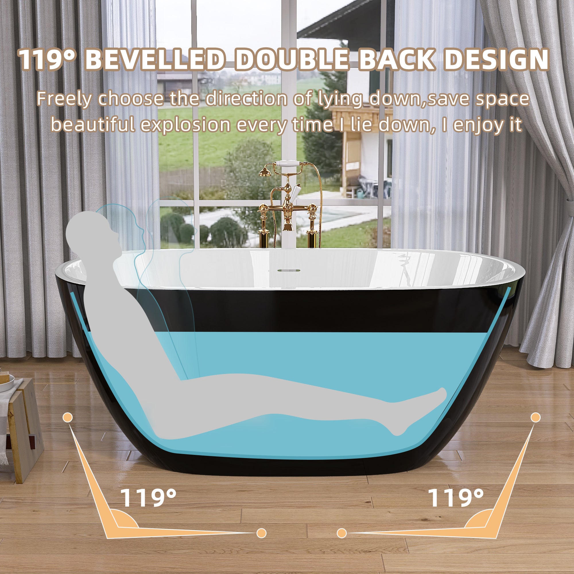 55" Acrylic Freestanding Bathtub Modern Stand Alone Soaking Bathtub with Overflow and Pop-up Drain Gloss Black