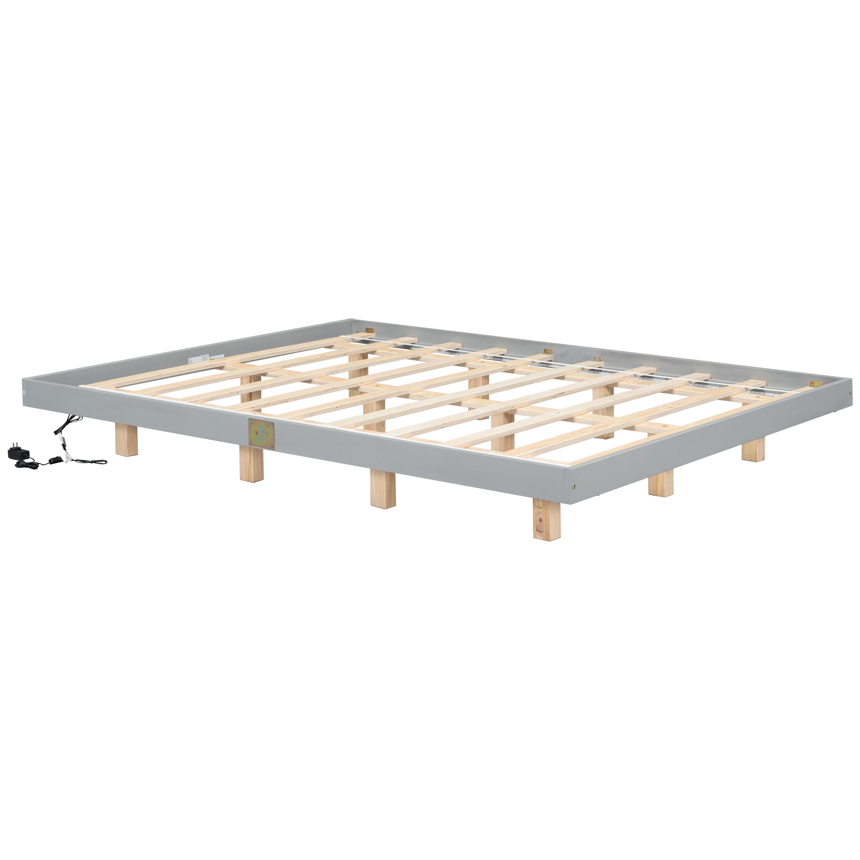 Queen Size Floating Bed with LED Lights Underneath,Modern Queen Size Low Profile Platform Bed with LED Lights,Grey