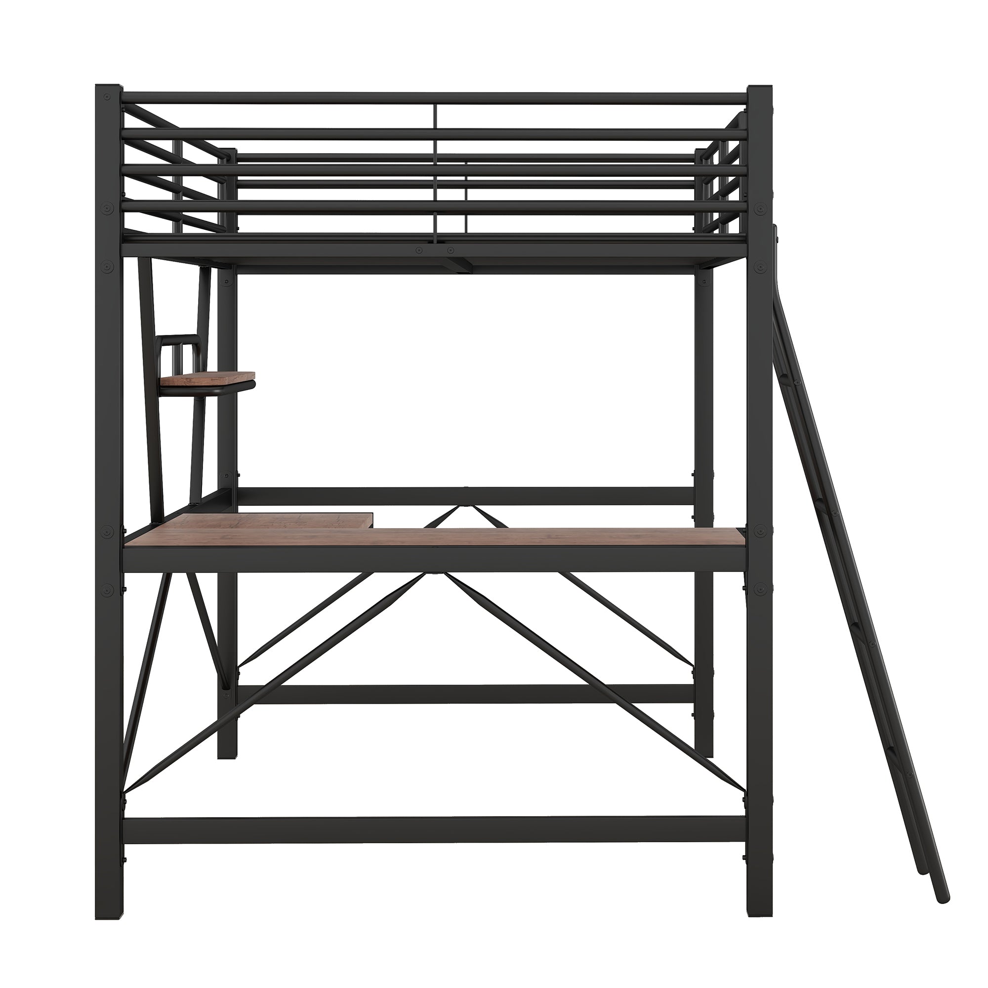 Full Size Loft Metal&MDF Bed with Desk and Shelf, Black