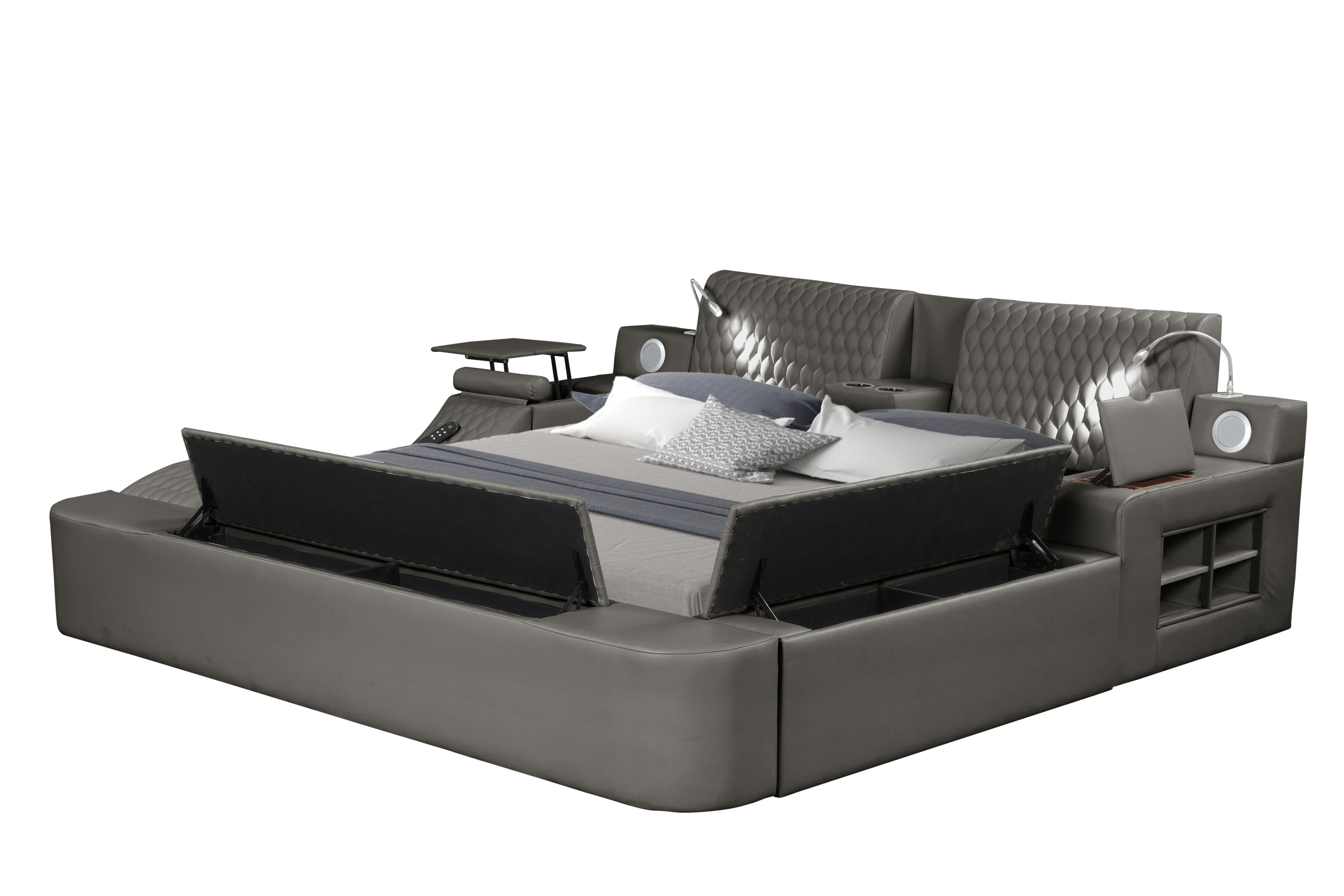 Smart Multifunctional Queen Size Bed Made with Wood in Gray