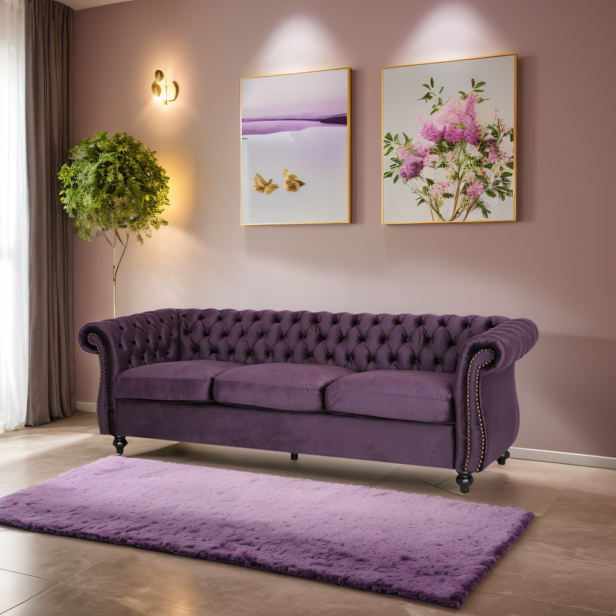 Luxurious 3-Seater Purple Velvet Sofa, Featuring a Classic Design with Modern Elegance, Perfect for Adding Sophistication and Style to Any Living Room, Plush Comfort and Durable Craftsmanship