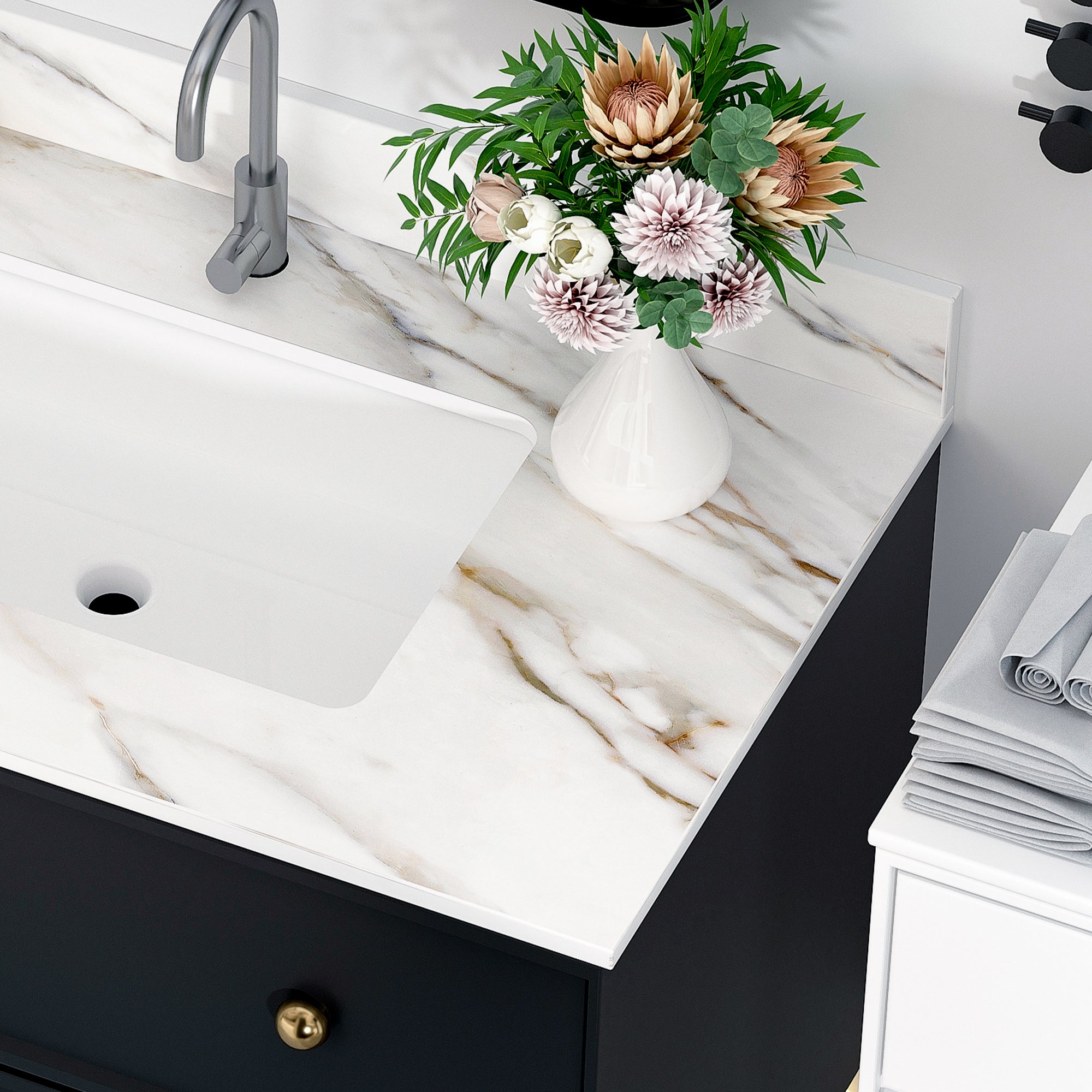 37 Inch Marble Vanity Top, Bathroom Vanity Top with Undermount Rectangular Middle Sink and 4" Height Backsplash, Pre-Drilled  Faucet Hole  Vanity Top, Carrara white with veins