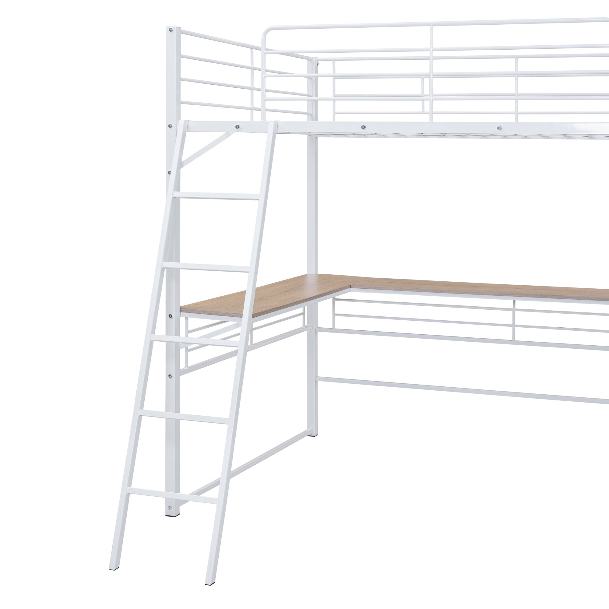 Full Size Metal Loft Bed with 3 Layers of Shelves and L-shaped Desk, White