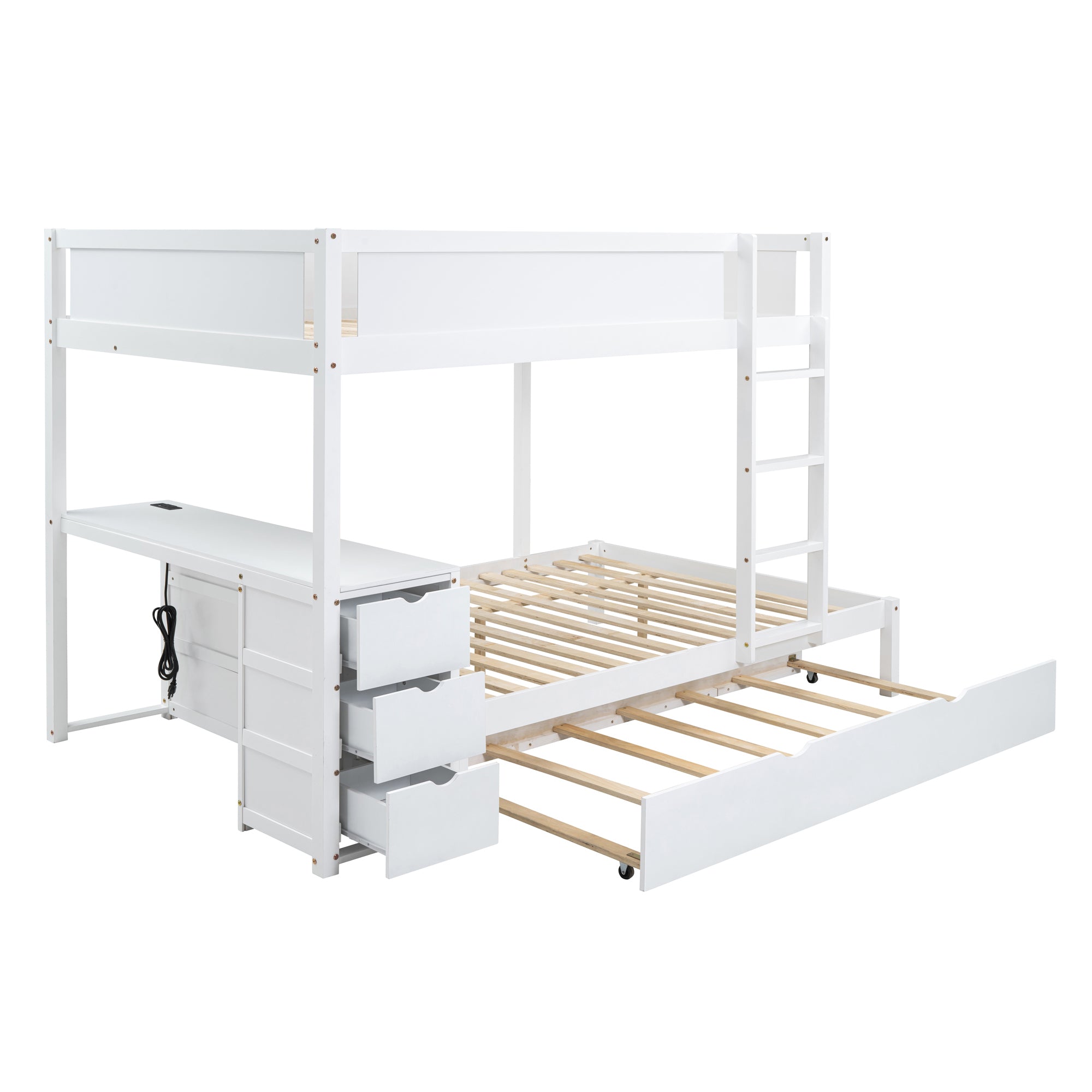 Full-Over-Full Bunk Bed with Twin size Trundle, Storage and Desk, White