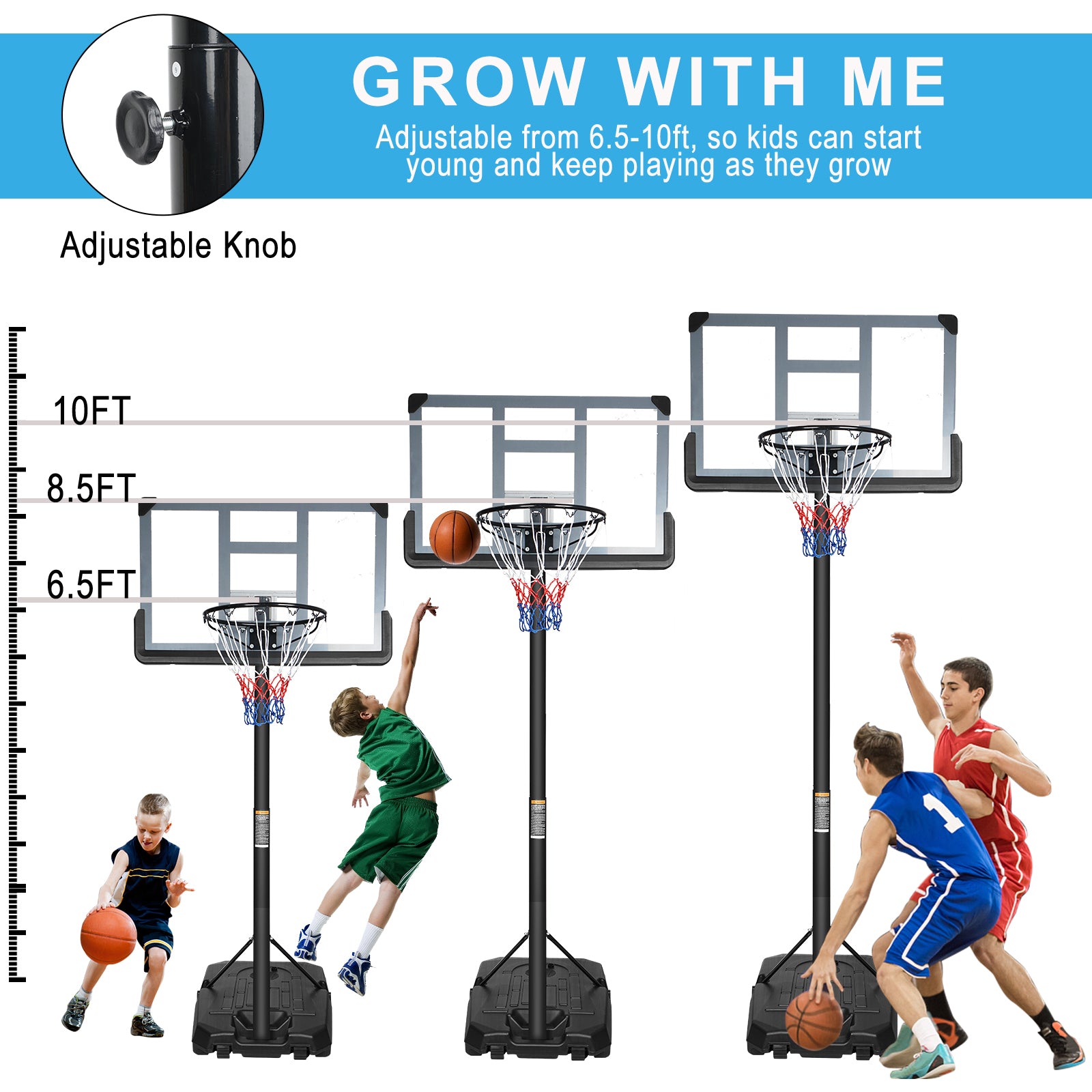 Portable Basketball Hoop Backboard System Stand Height Adjustable 6.6ft - 10ft with 44 Inch Backboard and Wheels for Adults Teens Outdoor Indoor Basketball Goal Game Play Set