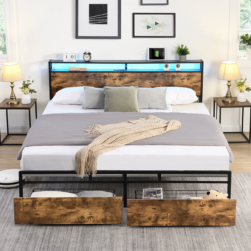 King Bed Frame, Storage Headboard with Charging Station, Solid and Stable, Noise Free, No Box Spring Needed, Easy Assembly