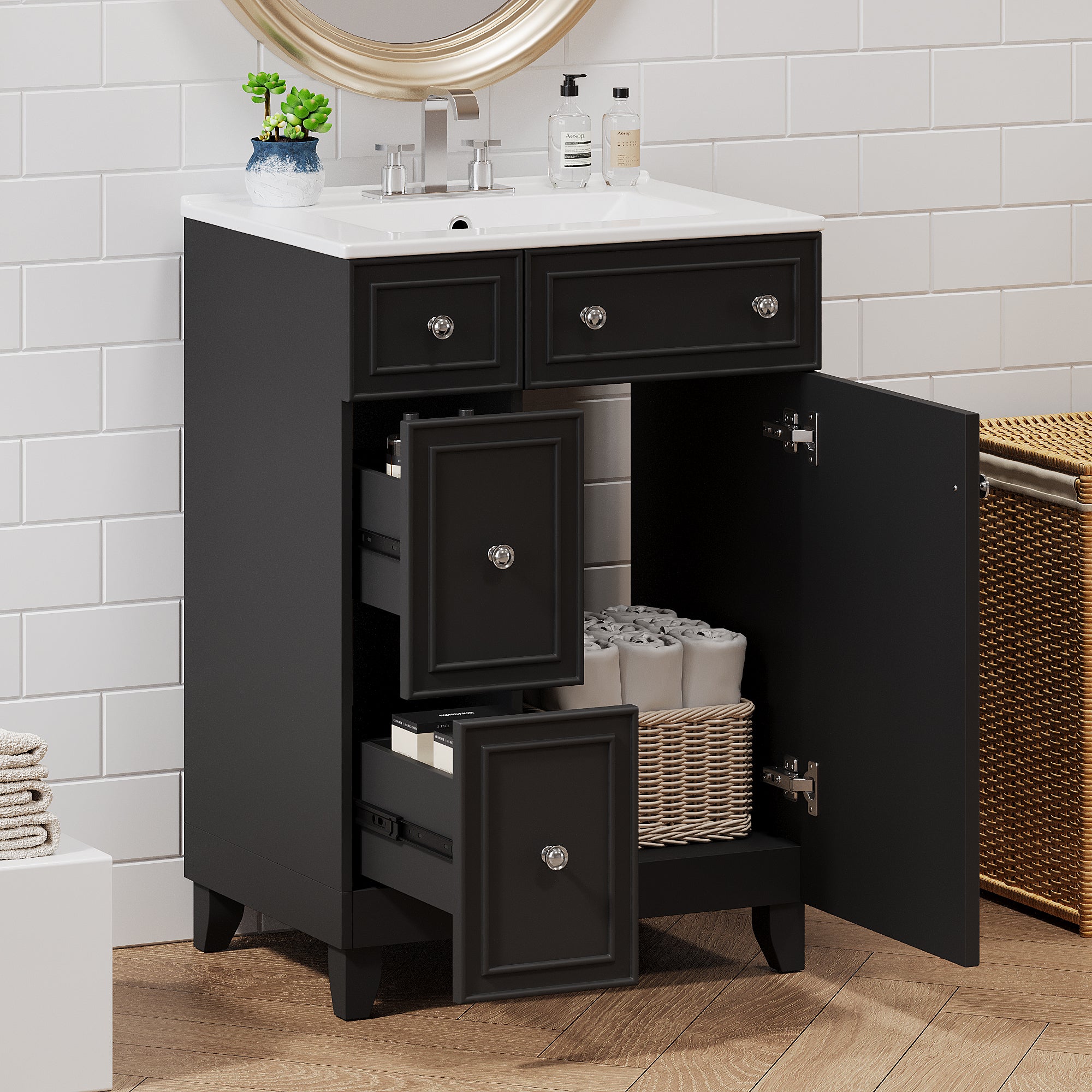 24-inch bathroom vanity with ceramic sink, front view