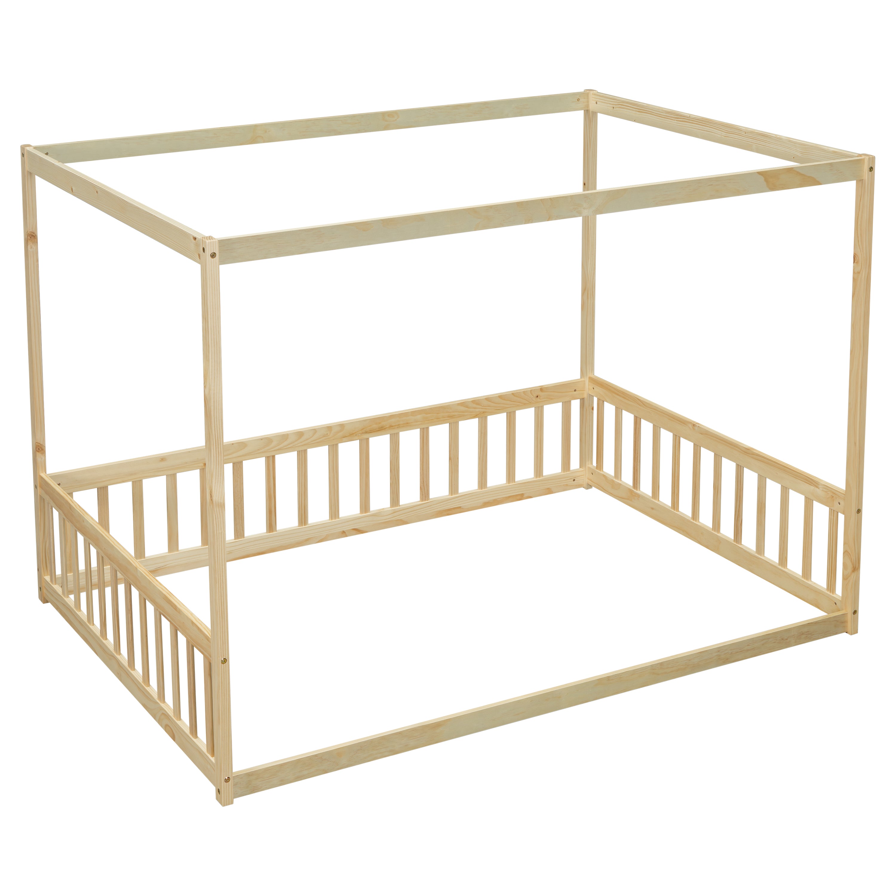 Full Size Canopy Frame Floor Bed with Fence, Guardrails,Natural