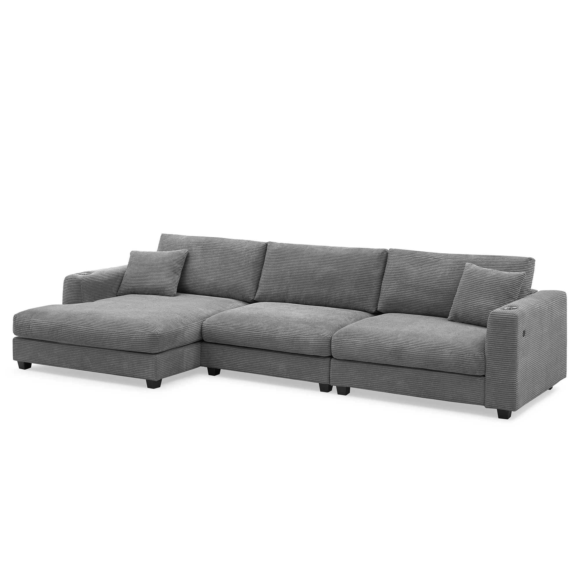 [VIDEO provided][New]134*54"Oversized Corduroy Sectional Sofa,L Shaped Cloud Couch with USB Charging Port,Cup Holder,Deep Seat Sofa Bed with 50" Chaise,Comfy Indoor Furniture for Living Room,3 Colors