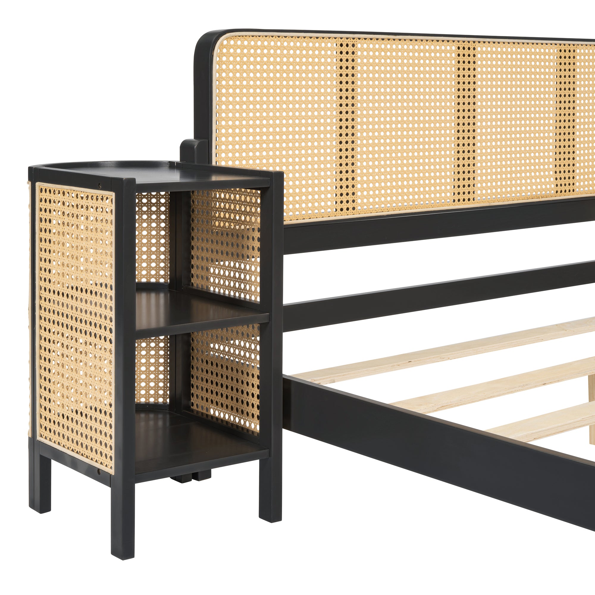 3 Pieces Rattan Platform Full Size Bed With 2 Nightstands,Espresso