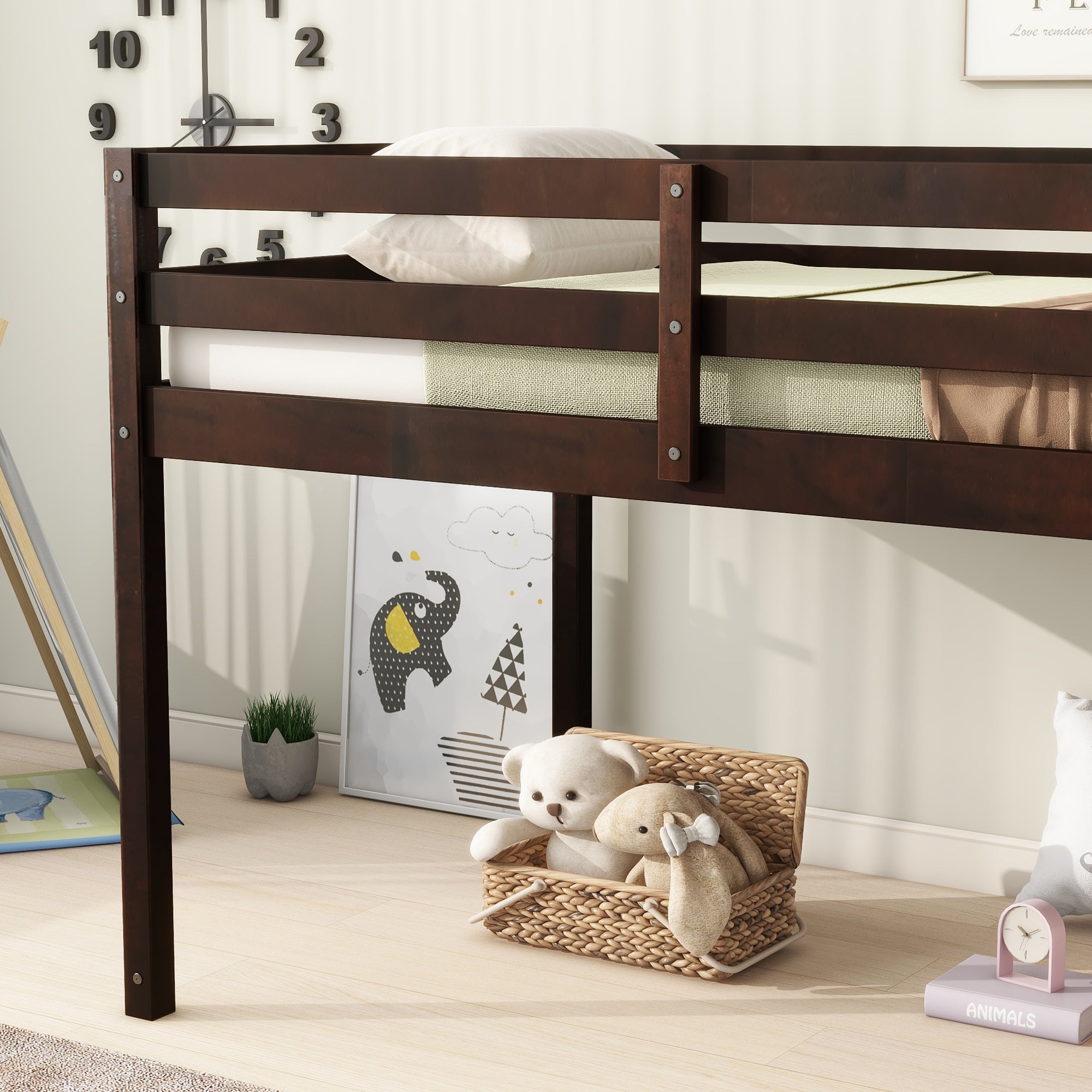 Solid Wooden, Rubber Wooden Twin Loft Bed with Ladder, Bed Platform of Strengthened Slats , Espresso