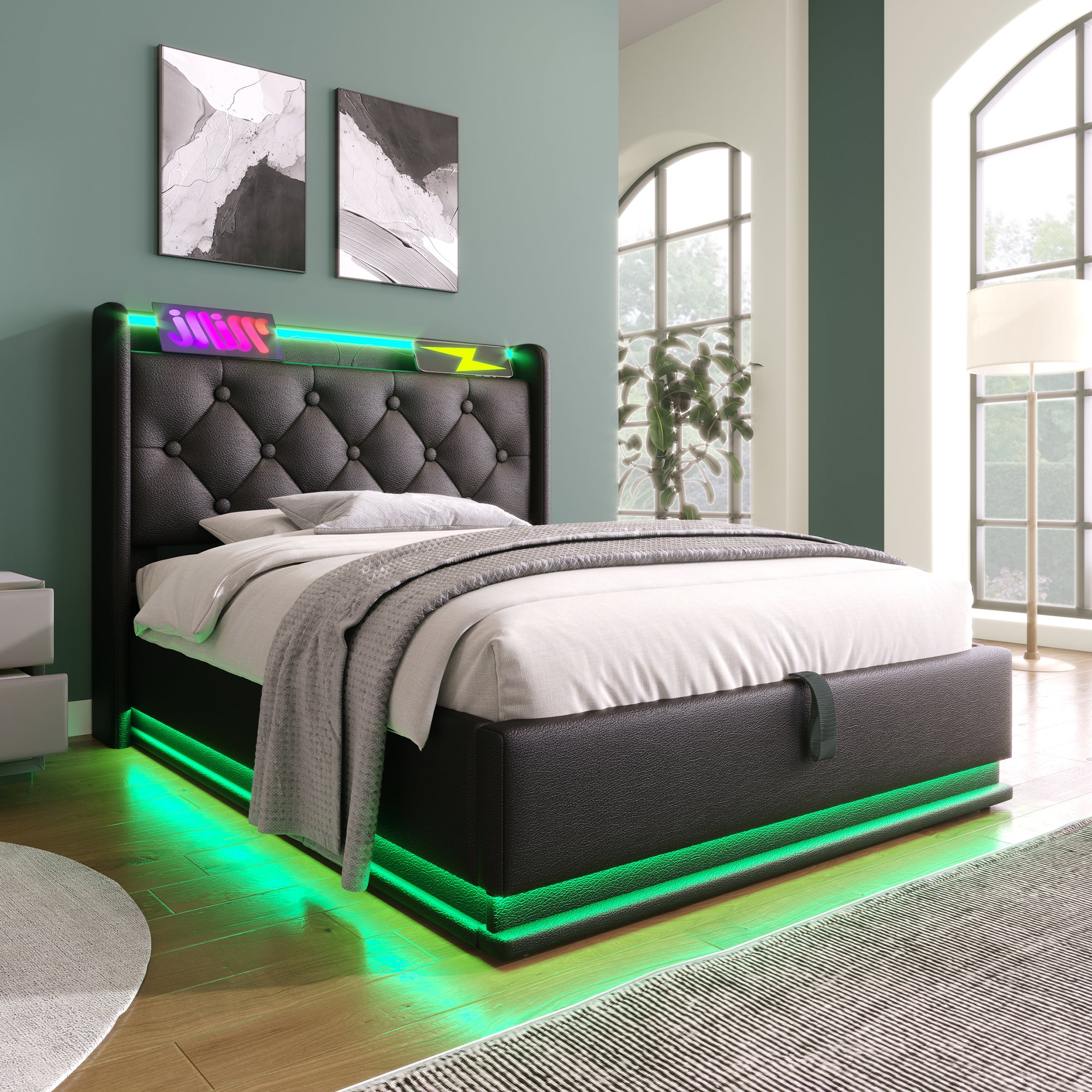 Twin size Upholstered bed, 360 surround LED function, Buttons/Apps/Remote Control, hydraulic storage bed with USB Type-C charging, Black, PU (Without mattress)