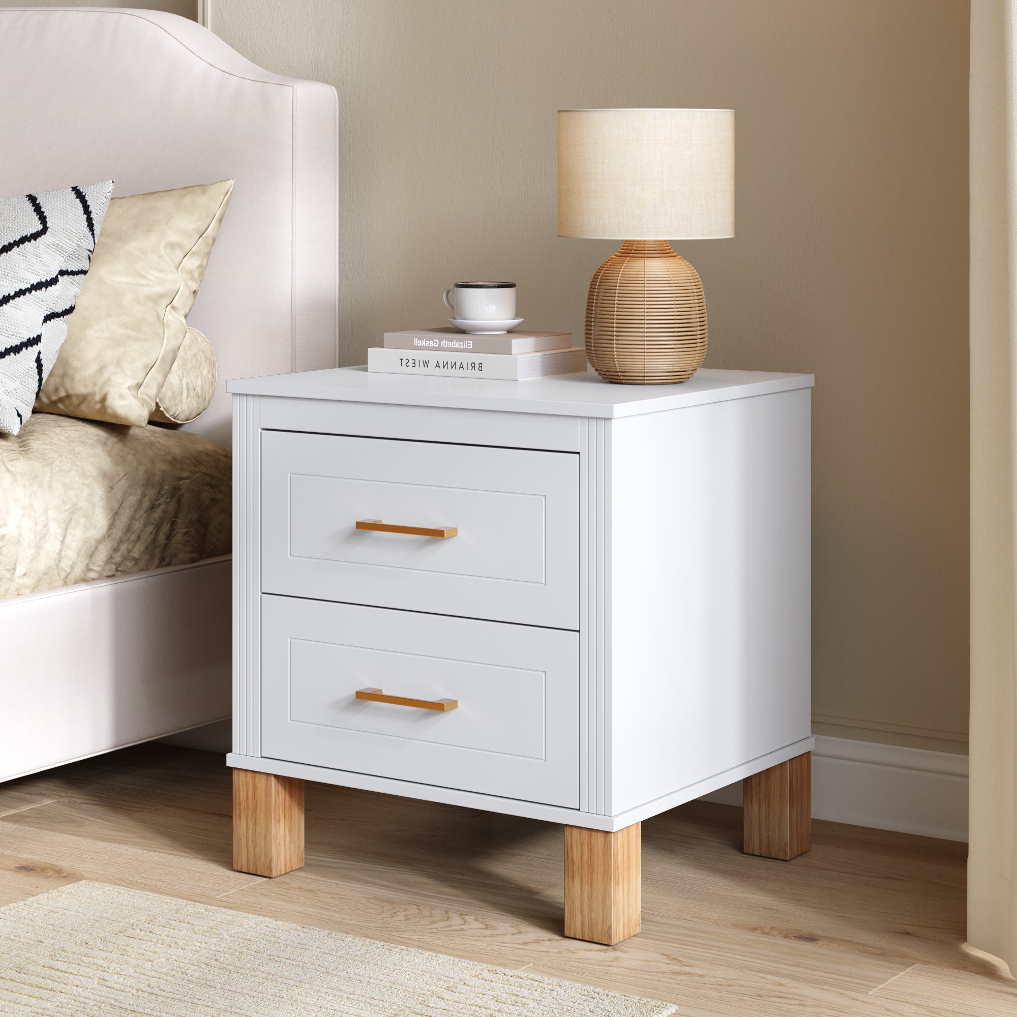 White fluted bedside table with drawers open showing storage