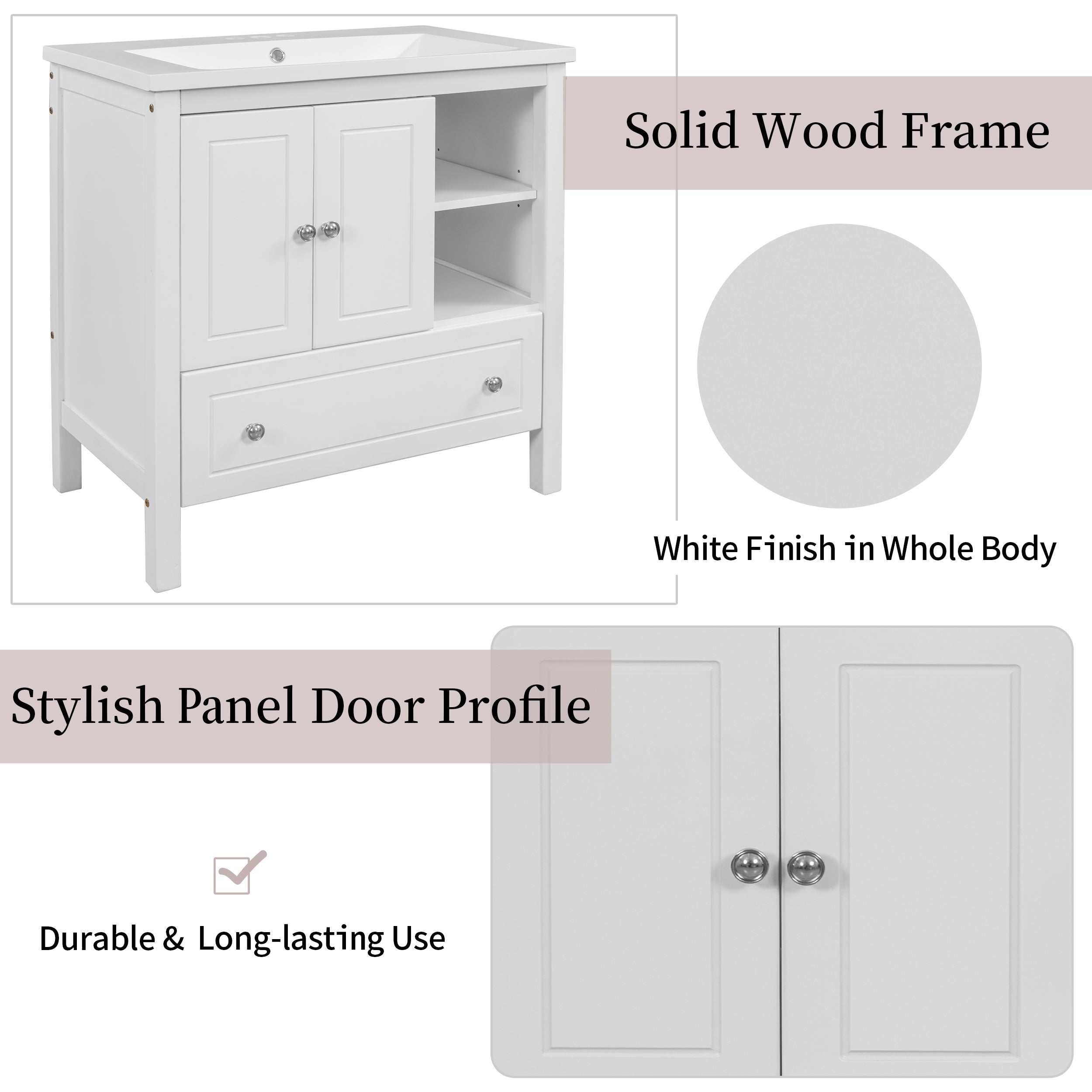 [VIDEO] 30" Bathroom Vanity with Sink, Bathroom Storage Cabinet with Doors and Drawers, Solid Wood Frame, Ceramic Sink, White