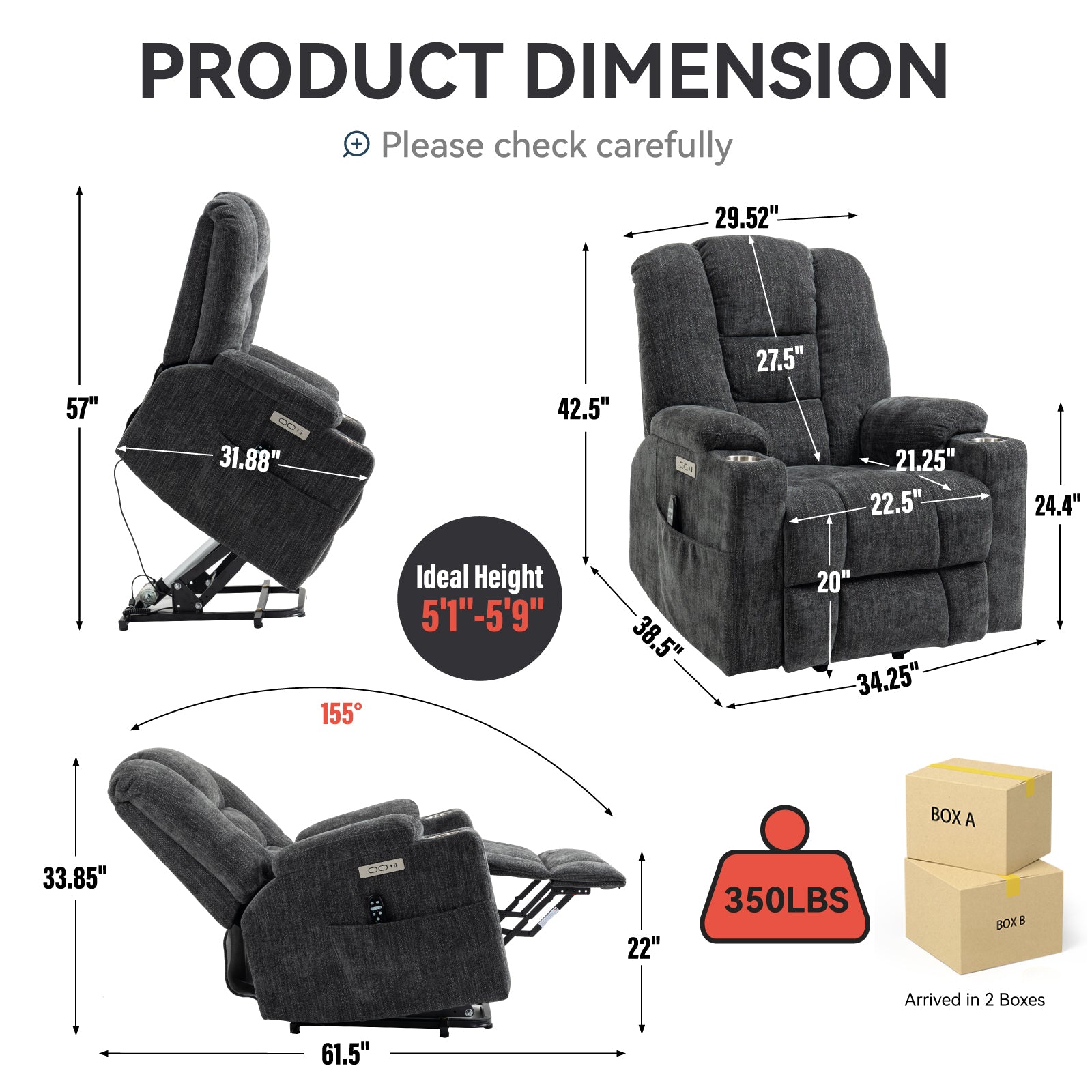 EMON'S Large Power Lift Recliner Chair with Massage and Heat for Elderly, Overstuffed Wide Recliners, Heavy Duty Motion Mechanism with USB and Type C Ports, 2 Steel Cup Holders, Gray