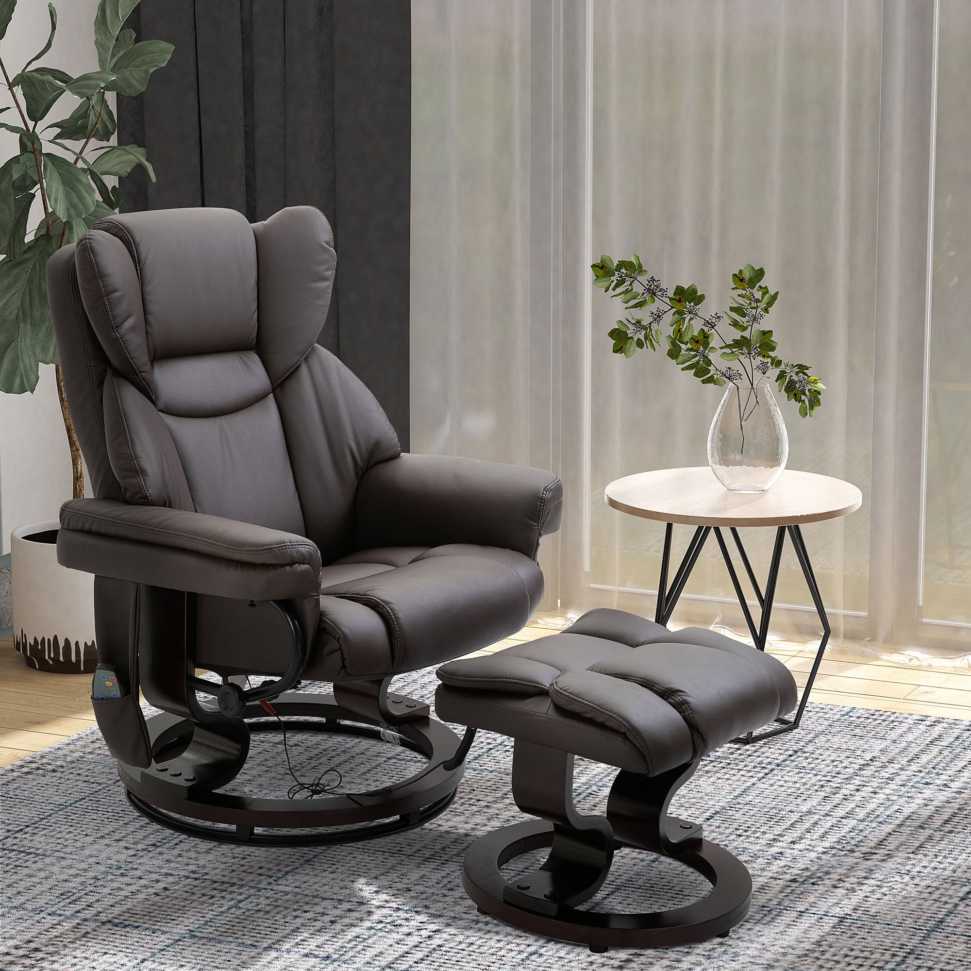 HOMCOM Massage Recliner Chair with Ottoman Footrest, 10 Vibration Points, 360° Swivel Reclining Chair, Faux Leather Living Room Chair with Side Pocket and Remote Control, Brown