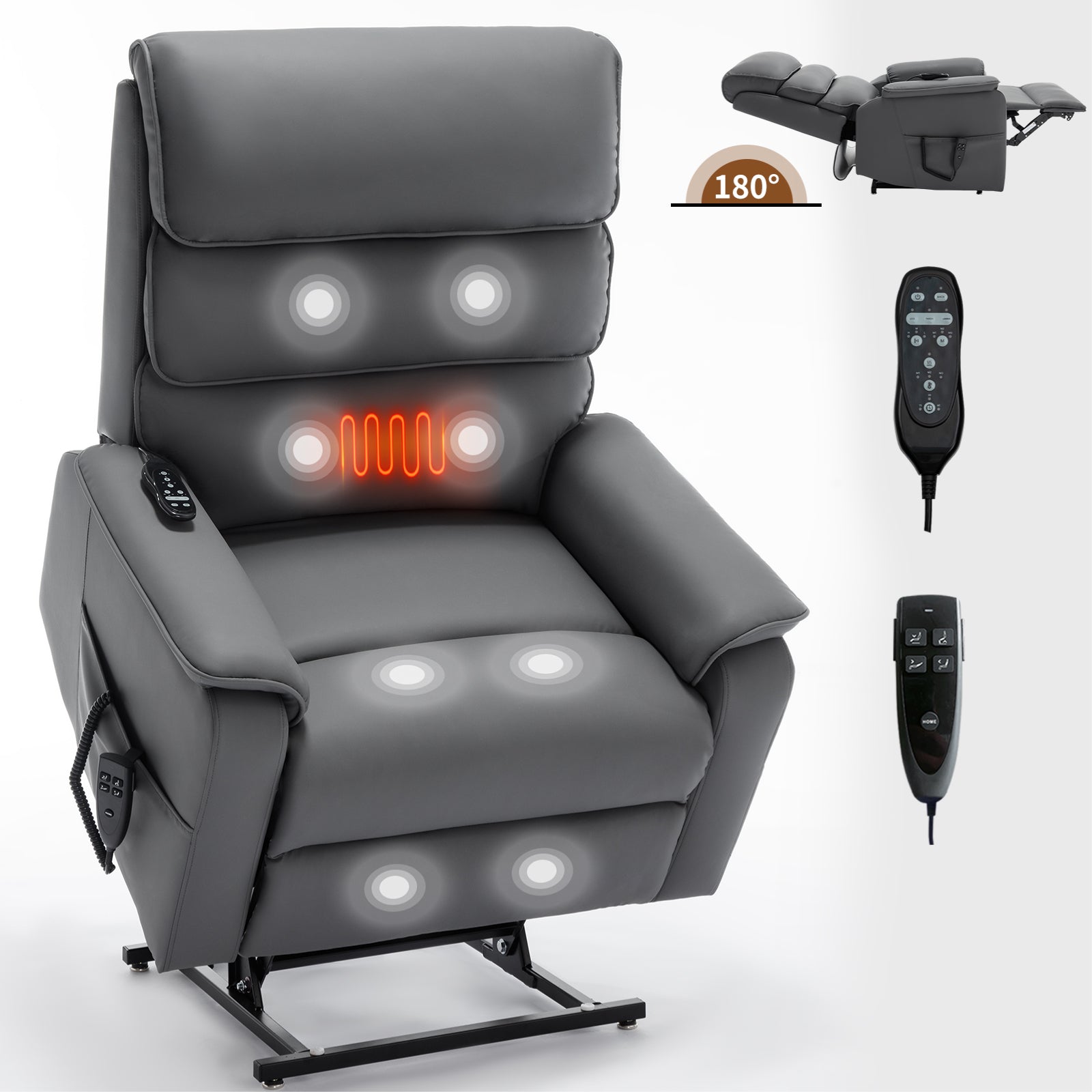 Grey Cat-proof Leather Dual Motor Infinite Position Up to 350 LBS Power Lift Recliner Chair with Power-Remote, Heat Massage and Heavy Duty Motion Mechanism