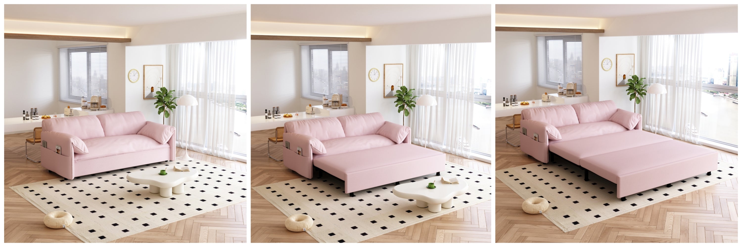 63.8" Queen Pull Out Sofa Bed, 3-in-1 Convertible Sleeper Sofa with Side Storage,Multi-Functional Velvet Loveseat Bed for Living Room,Bedroom,Apartment,Office,Pink