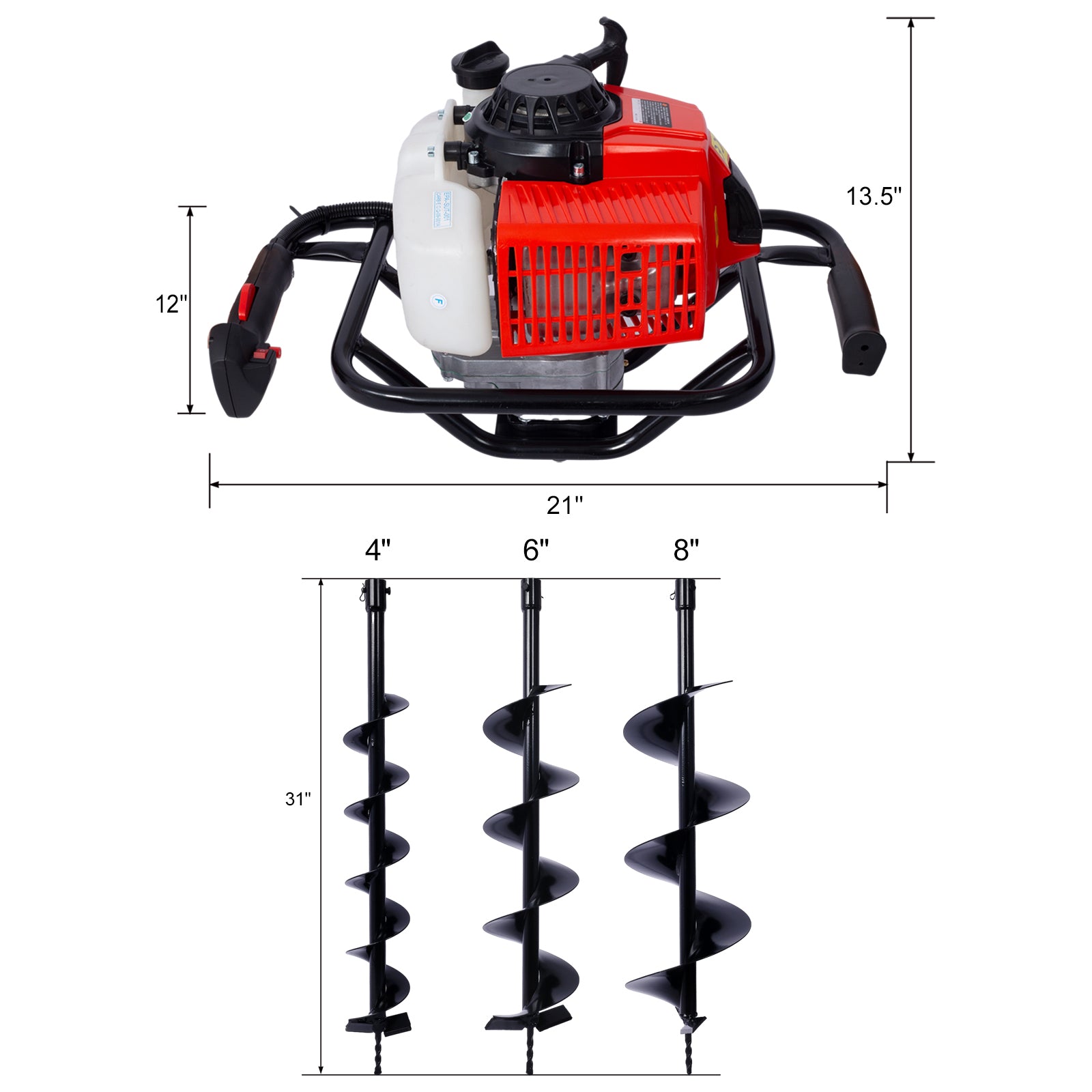 2.7HP Post Hole Digger 63cc Gas-Powered 2-Stroke Auger Digging Drill Shaft Size 3/4" ,EPA certificated  with L4"+L6"+L8" DRILL BITS