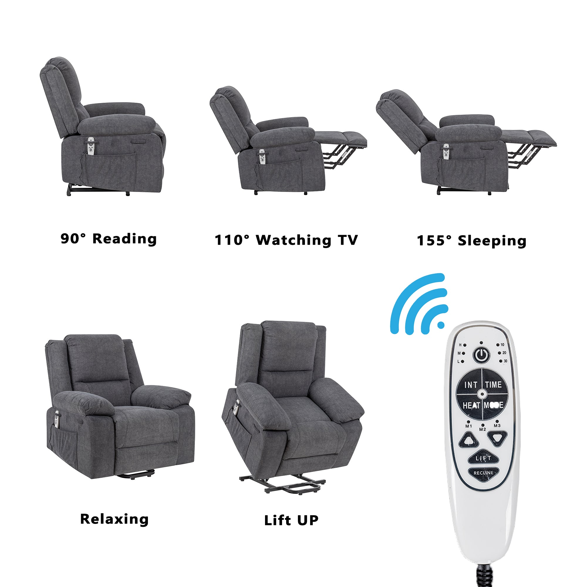 Electric Power Recliner Chair With Massage For Elderly ,Remote Control Multi-function Lifting, Timing, Cushion Heating Chair With Side Pocket Dark Grey