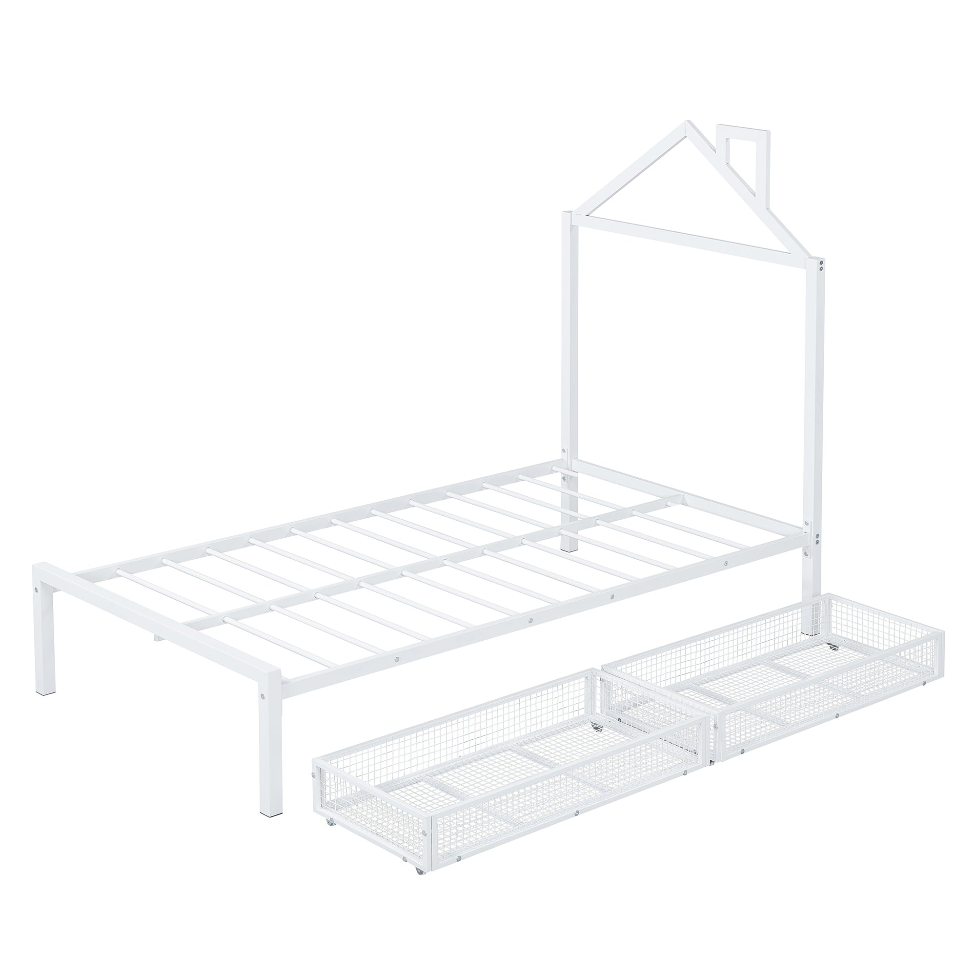 Twin Size Metal Platform Bed with two drawers,House-Shaped Headboard Design, White