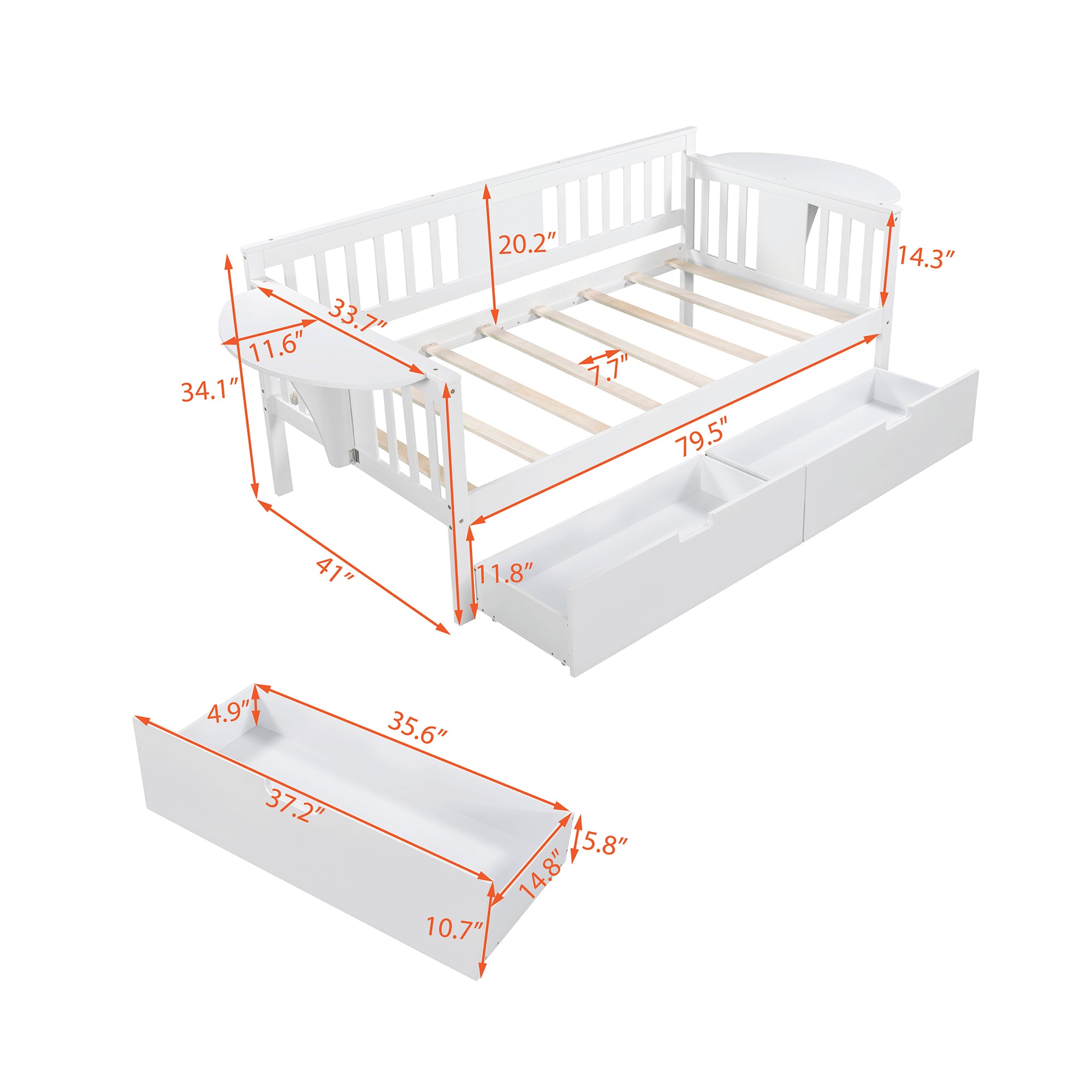 Twin size Daybed with Two Drawers, Wood Slat Support, White