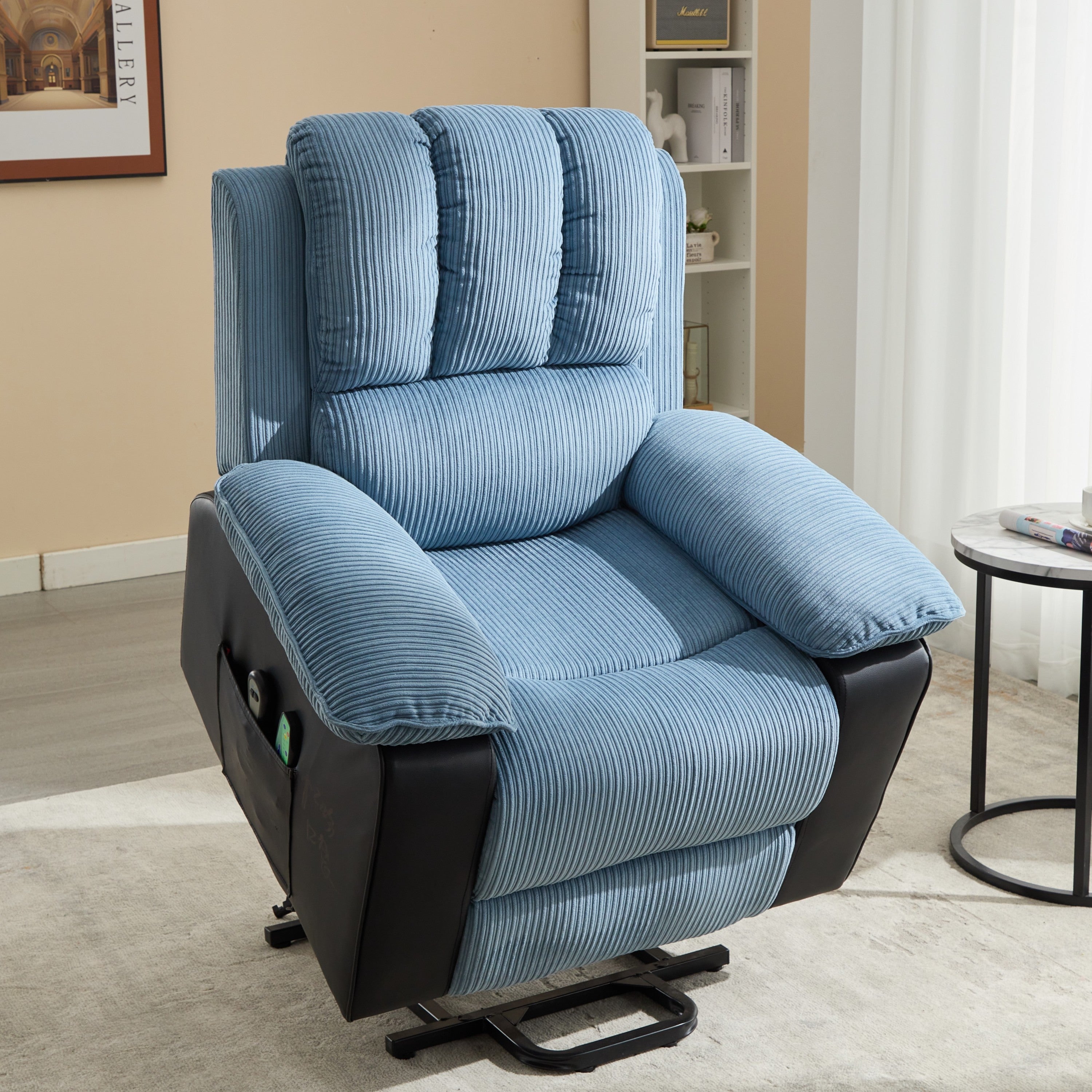 Recliner chair with Heat and Vibrating Massage, Comfy Padded Overstuffed Soft Fabric Heated Recliner (Blue and Black)