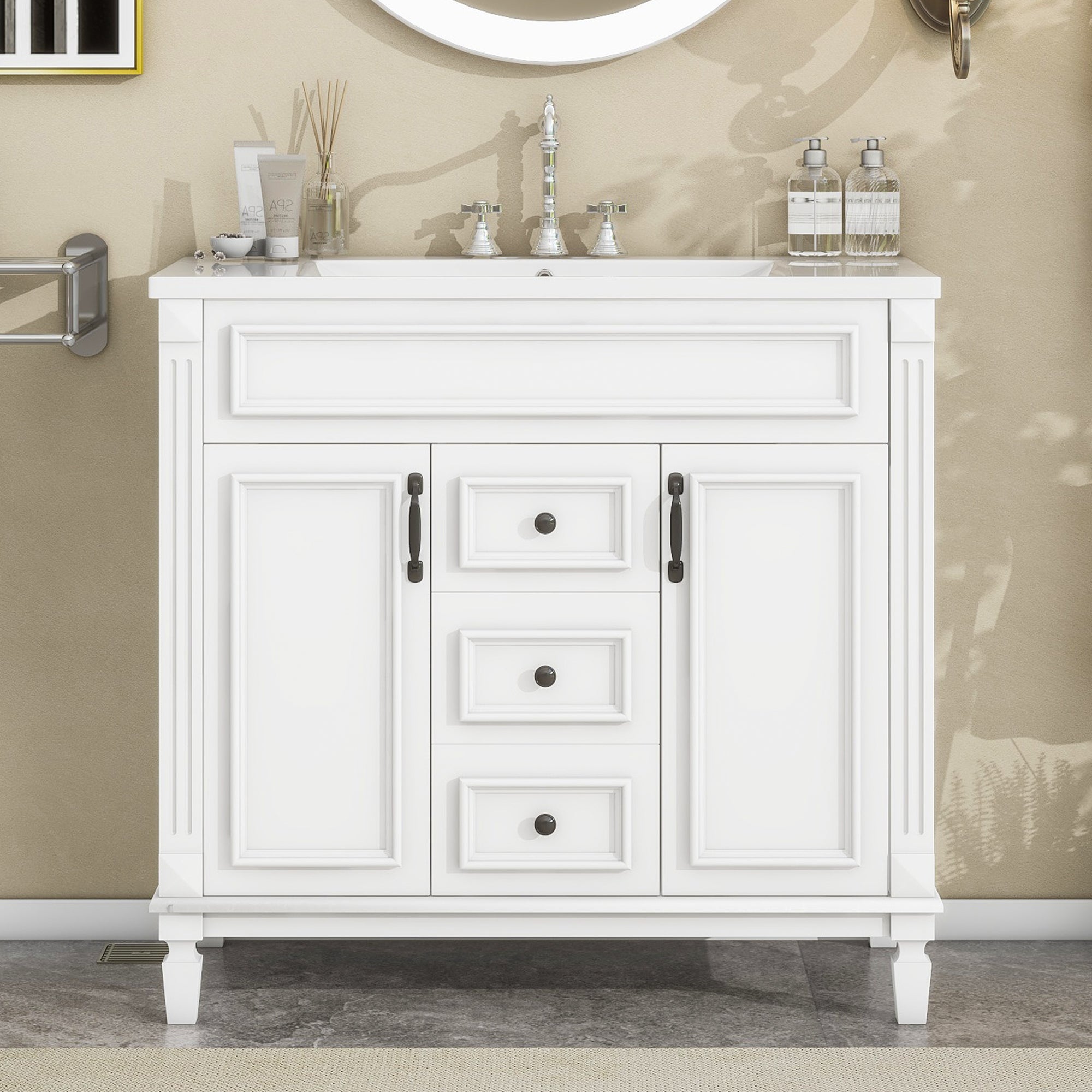 36-inch modern bathroom vanity with top sink, side profile view