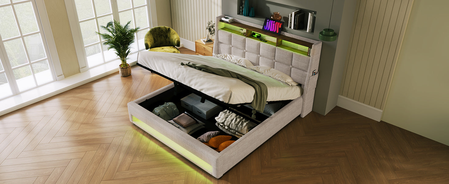 Queen size Upholstered Platform bed with a Hydraulic Storage System, LED and USB Charging, Natural (without mattress)