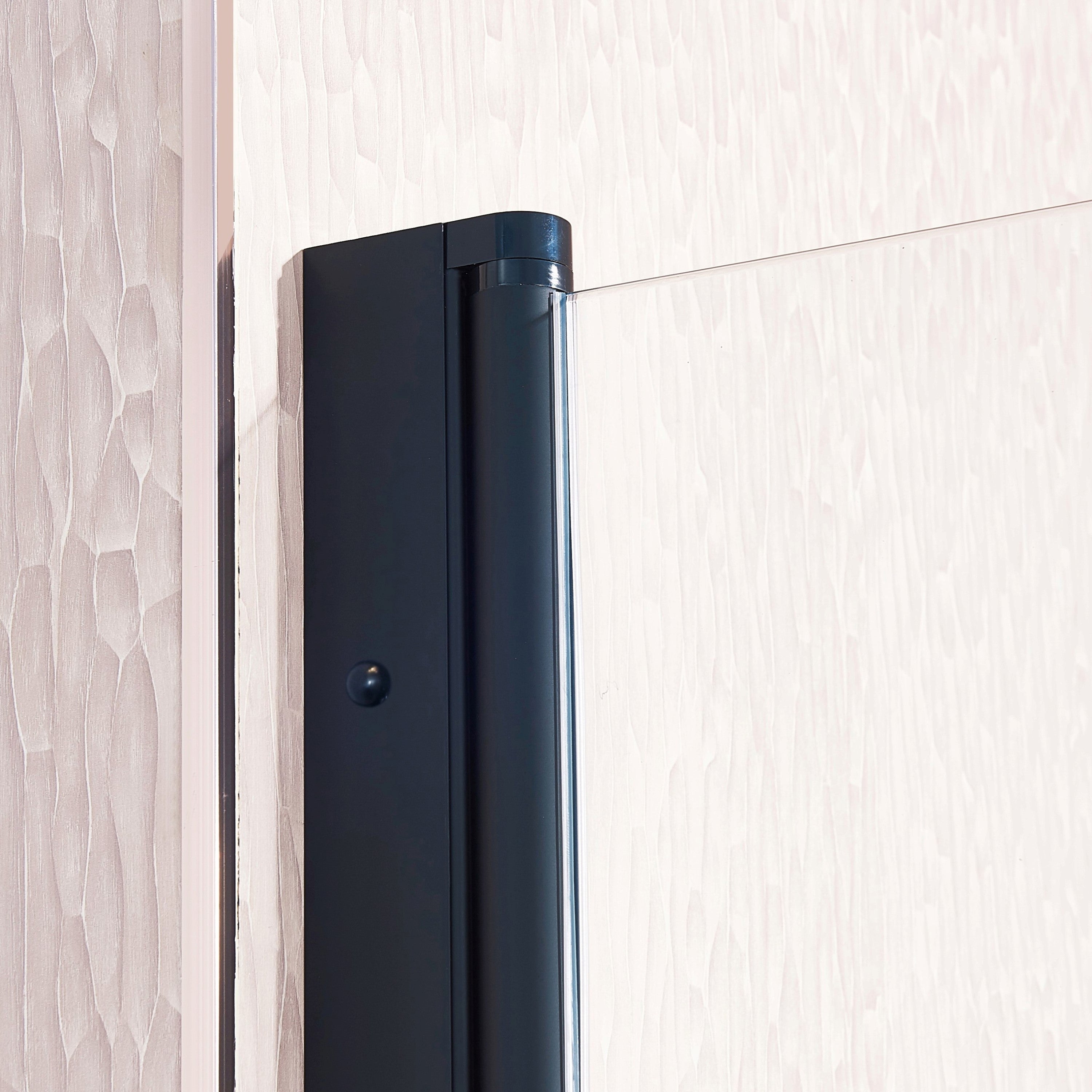 30-35.5 x 75 in matte black pivot shower door hinge detail