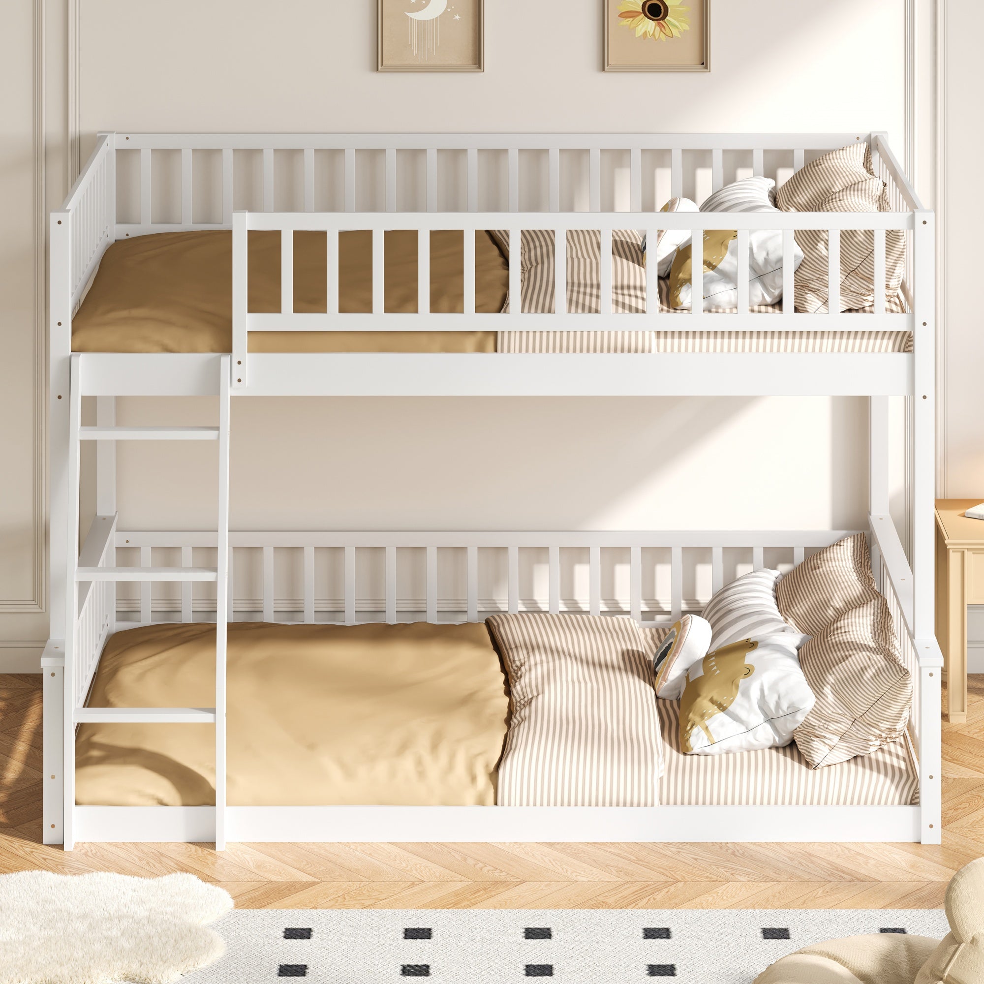 White Full XL over Queen bunk bed, angled view