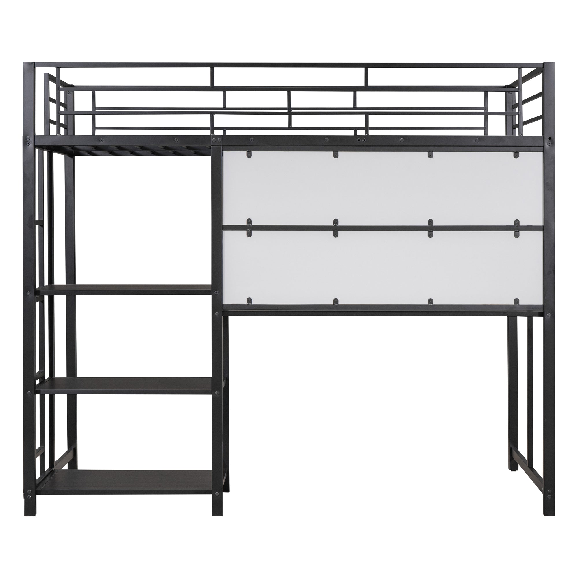 Twin Size Loft Bed with Desk and Whiteboard, Metal Loft Bed with 3 Shelves and Ladder, Black