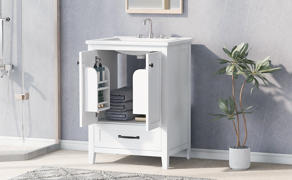 24" Bathroom Vanity with Sink, Bathroom Vanity Cabinet with One Drawer and Doors, Solid Wood and MDF, White