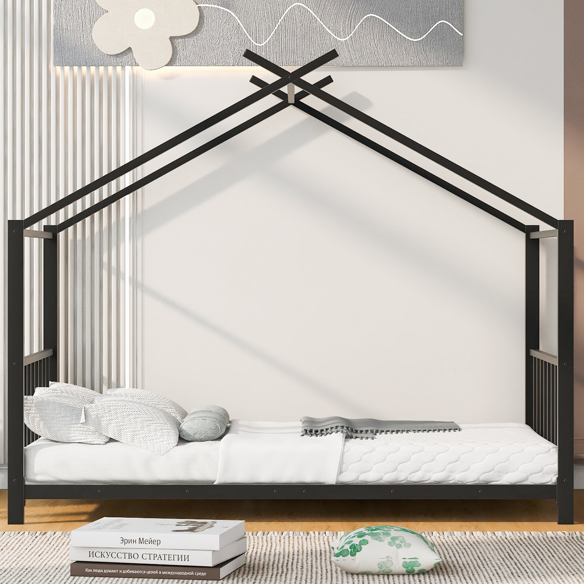 Twin Size Metal House Platform Bed, Black