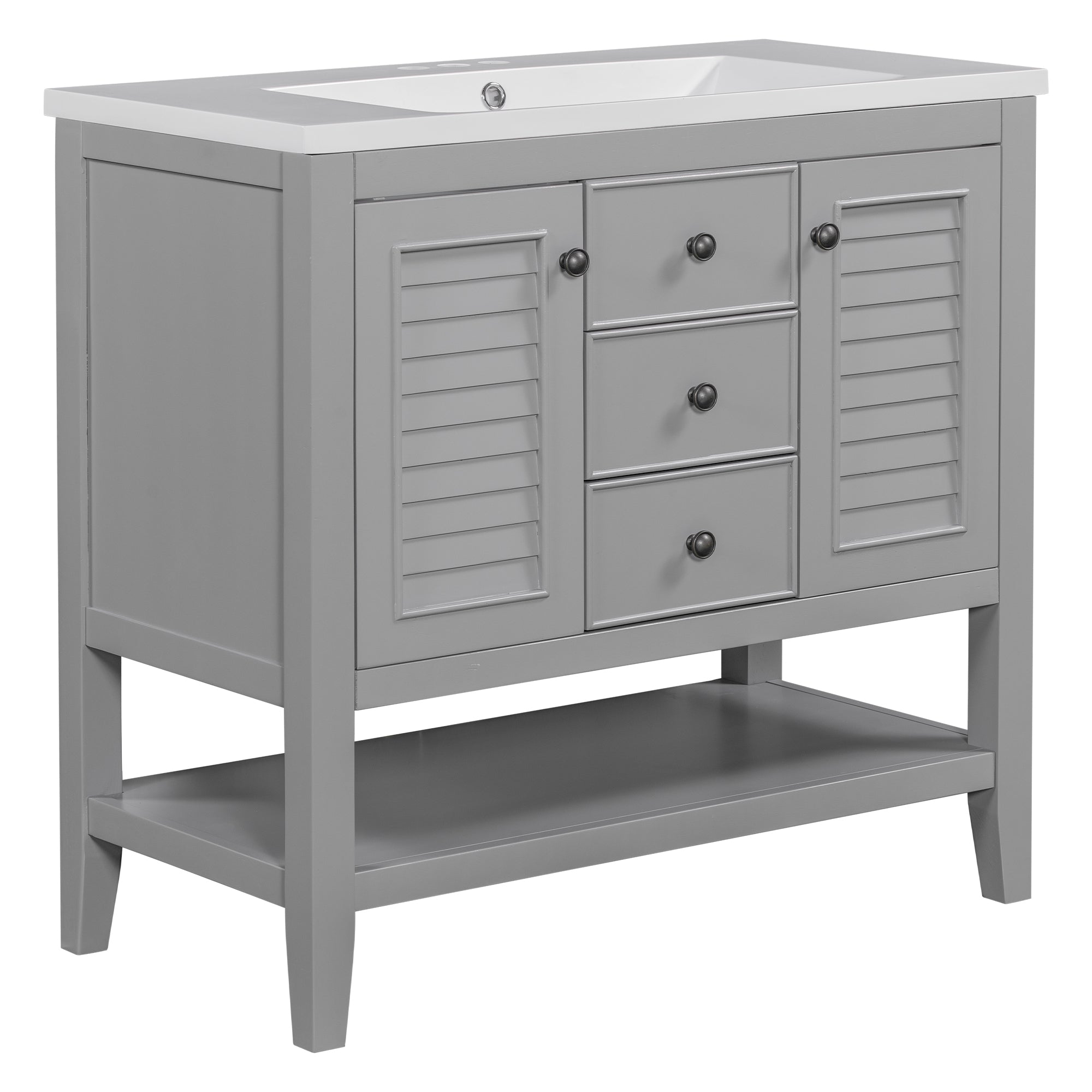 36" Bathroom Vanity with Ceramic Basin, Two Cabinets and Drawers, Open Shelf, Solid Wood Frame, Grey (OLD SKU: SY999101AAE)