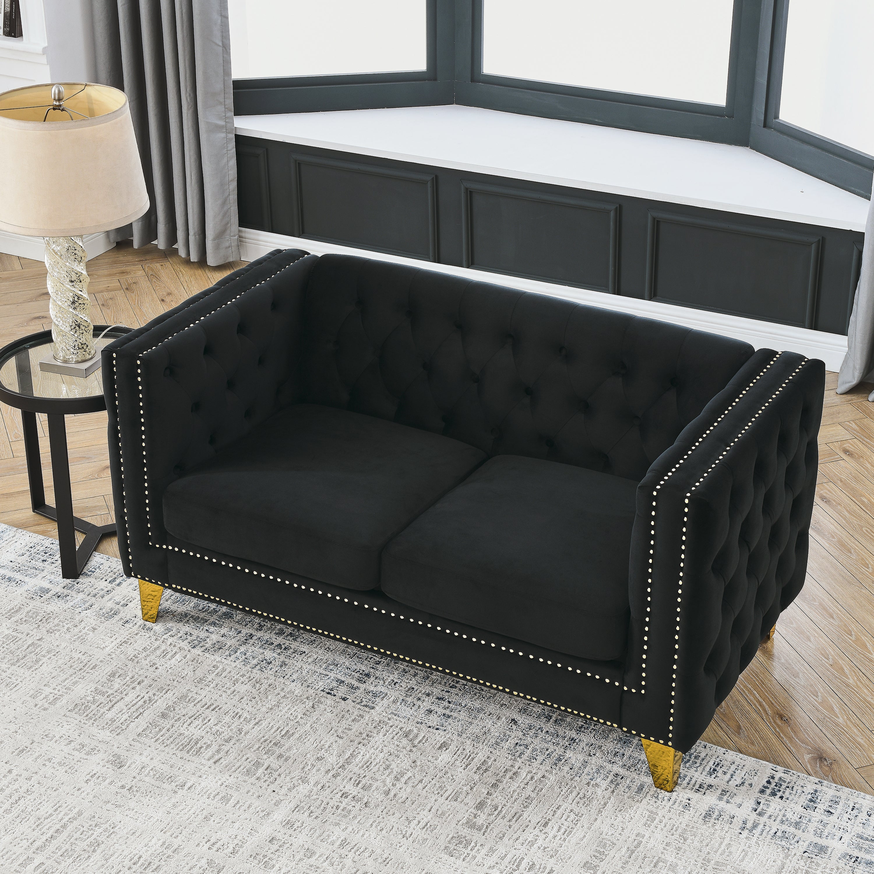 {Contact us for 3D modeling} Velvet Sofa for Living Room,Buttons Tufted Square Arm Couch, Modern Couch Upholstered Button and Metal Legs, Sofa Couch for Bedroom, Black Velvet-2S(W834S00053)