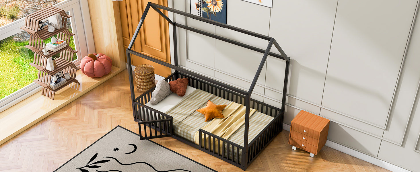 Twin Size Metal House Bed with Fence and Door, Black