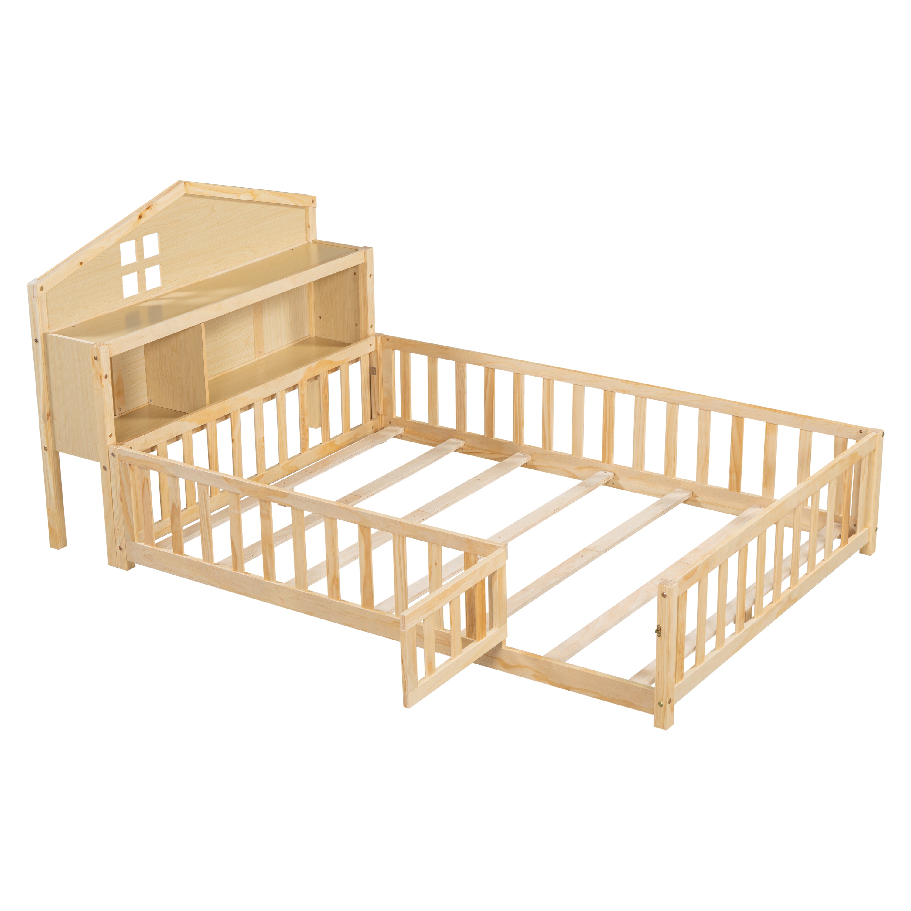 Full-size Montessori Floor Bed with Bookcases and Blackboards, Versatile Platform Beds with Guard rails, Solid Wood Floor Beds with Storage Headboards, Floor Beds for Kids and Teens  Natural