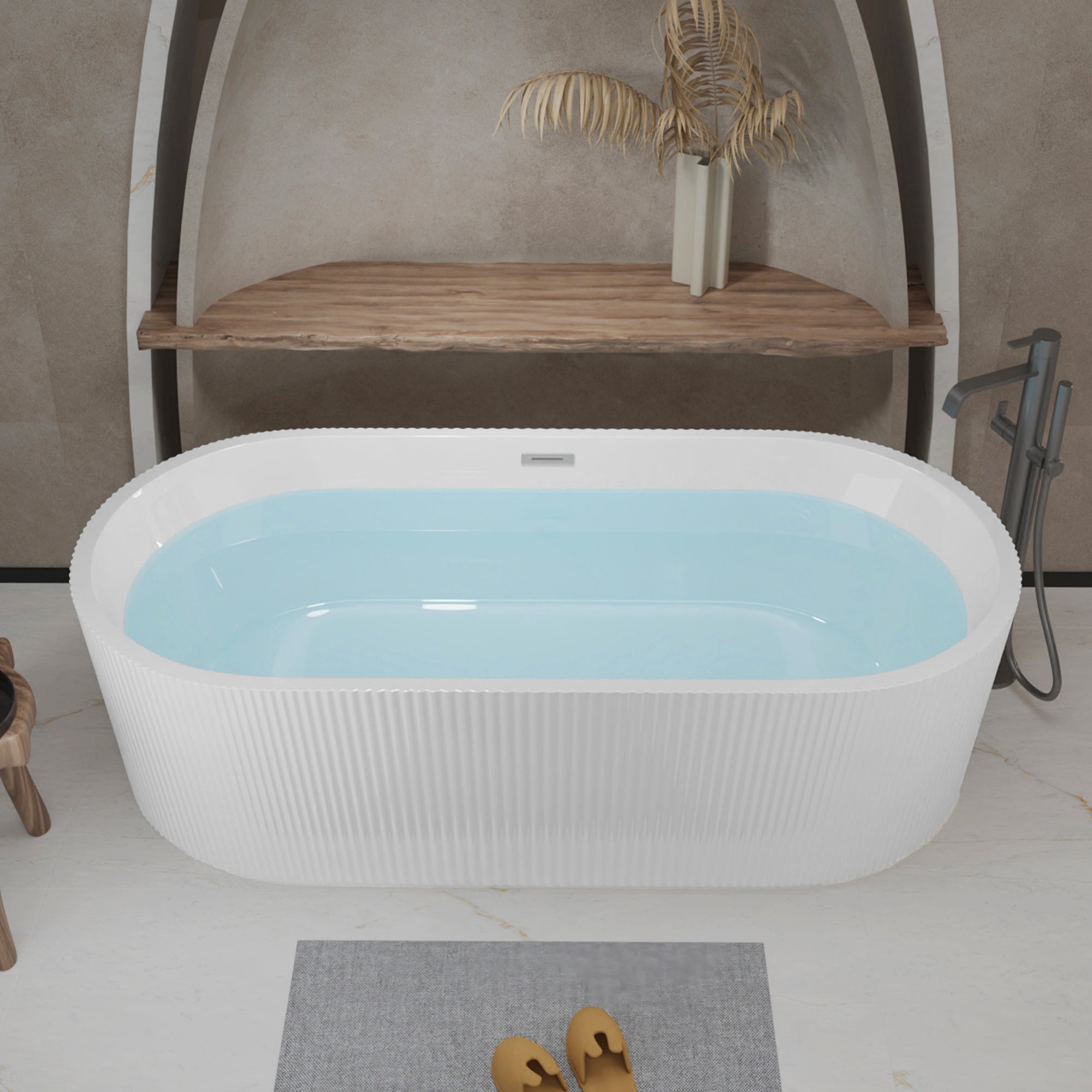 Freestanding acrylic bathtub, glossy white, end profile view