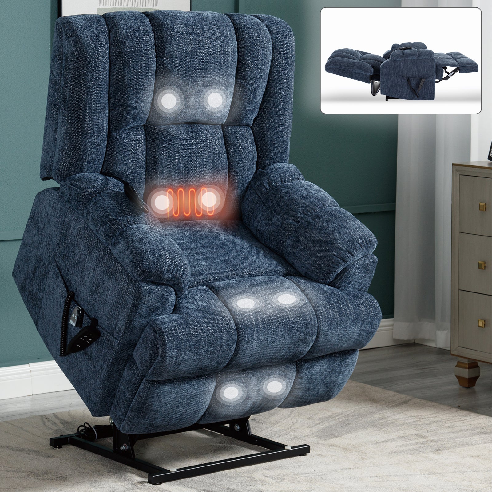 Dual Motor Heat Massage Infinite Position Up to 350 LBS Electric Power Lift Recliners with Power-Remote, Medium-firm and Heavy Duty, Blue