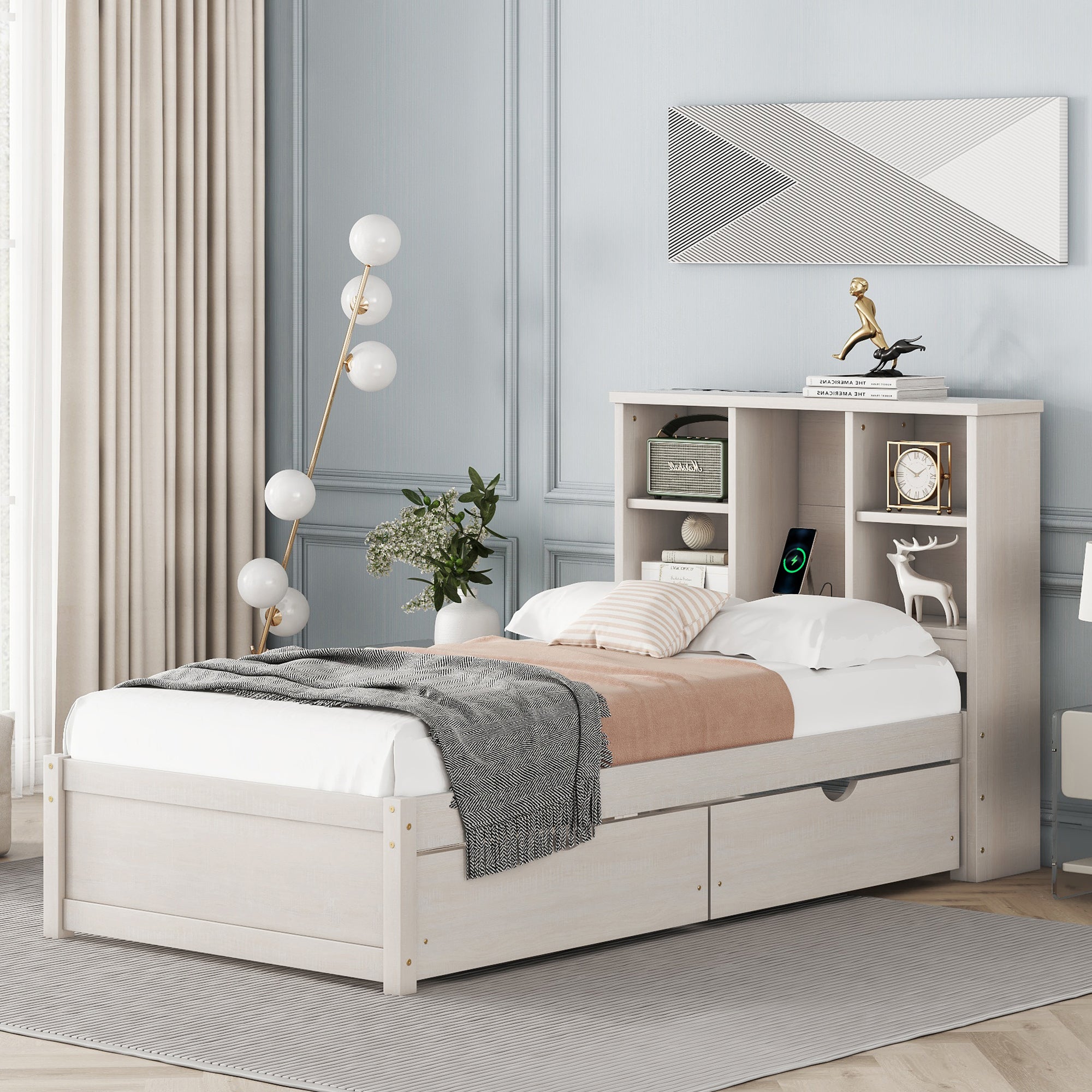 Modern Twin Size Bed Frame With Built-in USB Port on Bookcase Headboard and 2 Drawers for White Washed Color