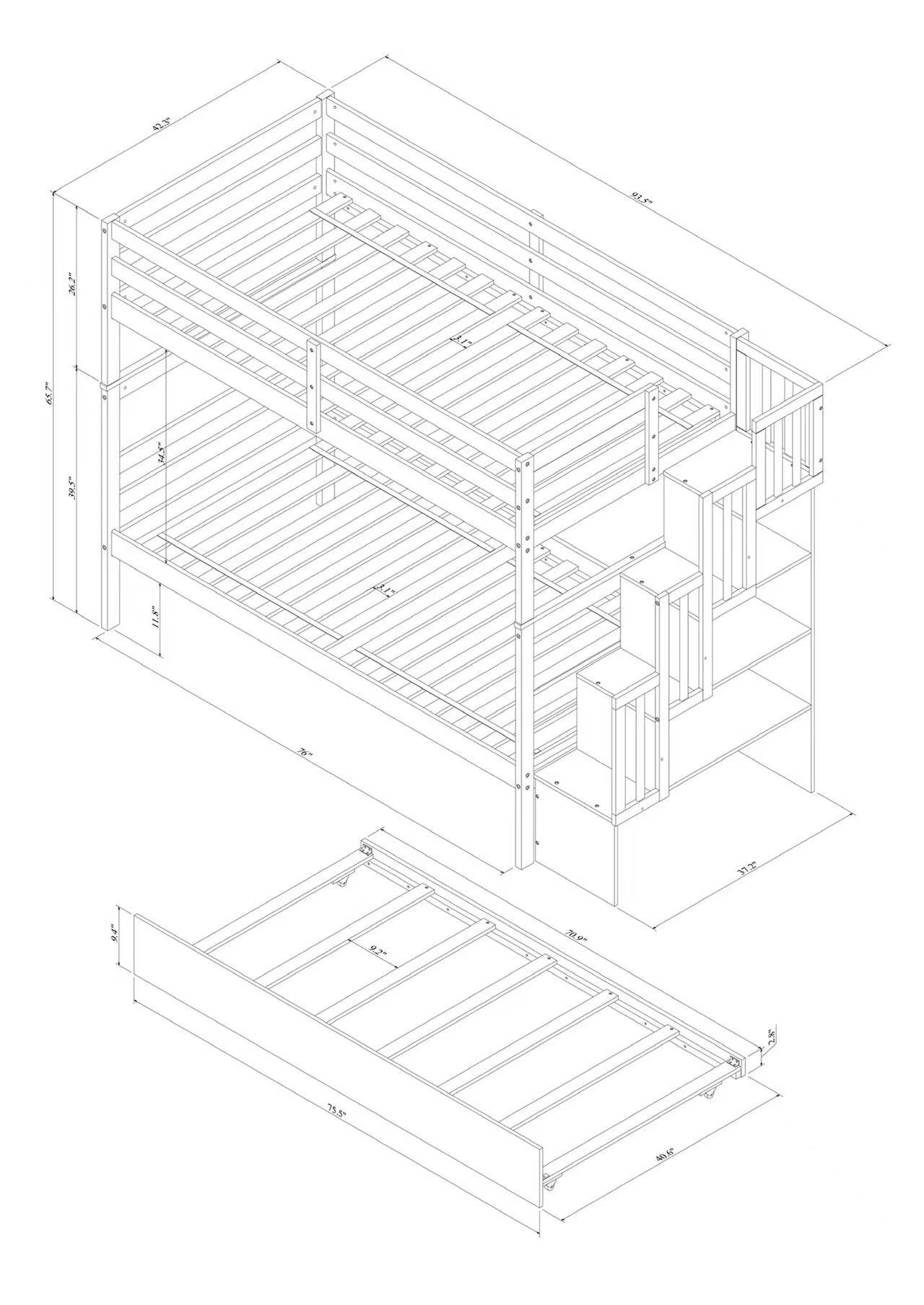 Twin over Twin Bunk Beds With Twin Trundle and Stairway Storage Function in White color