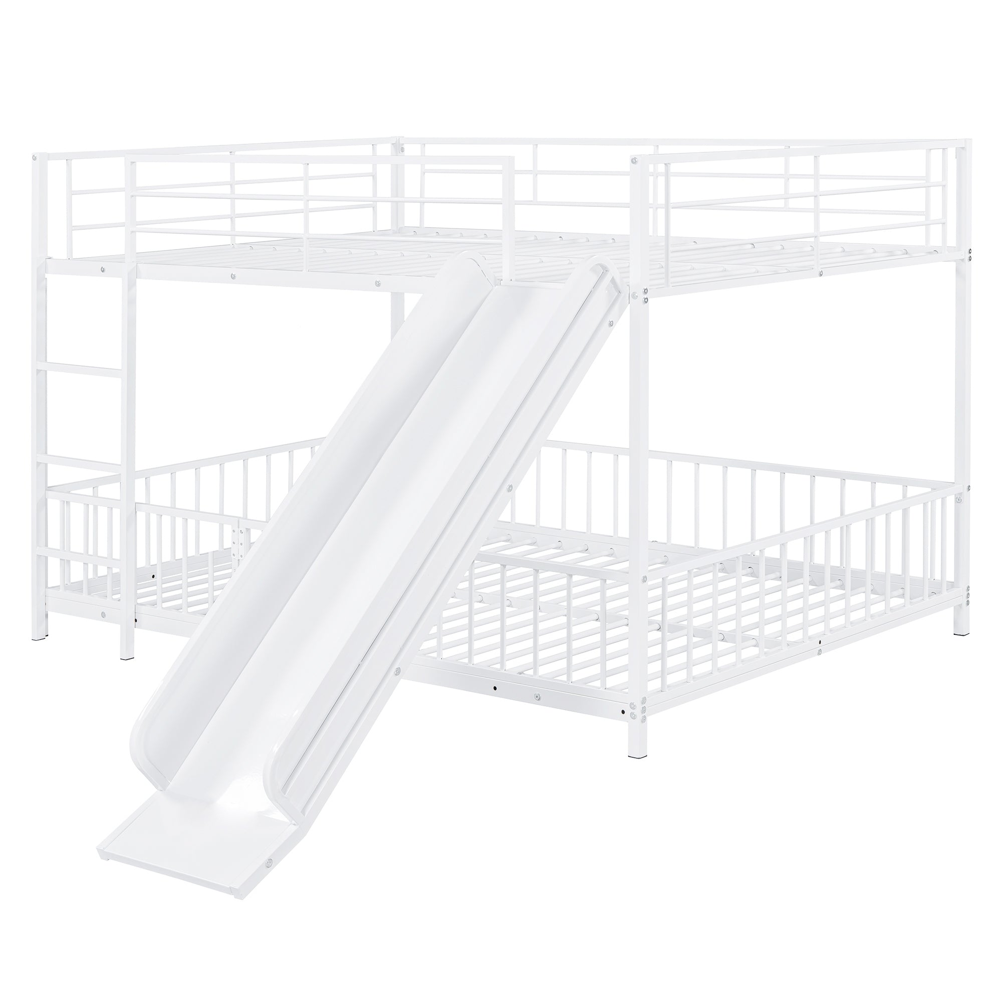 Full over Full Size Metal Bunk Bed with Slide and Guardrails, White