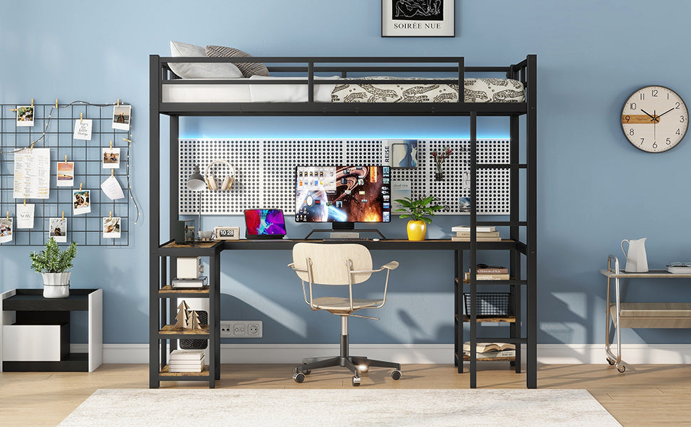 Twin XL Metal Loft Bed with Desk and Shelves, Loft Bed with Ladder and Guardrails, Loft Bed Frame for Bedroom, Black