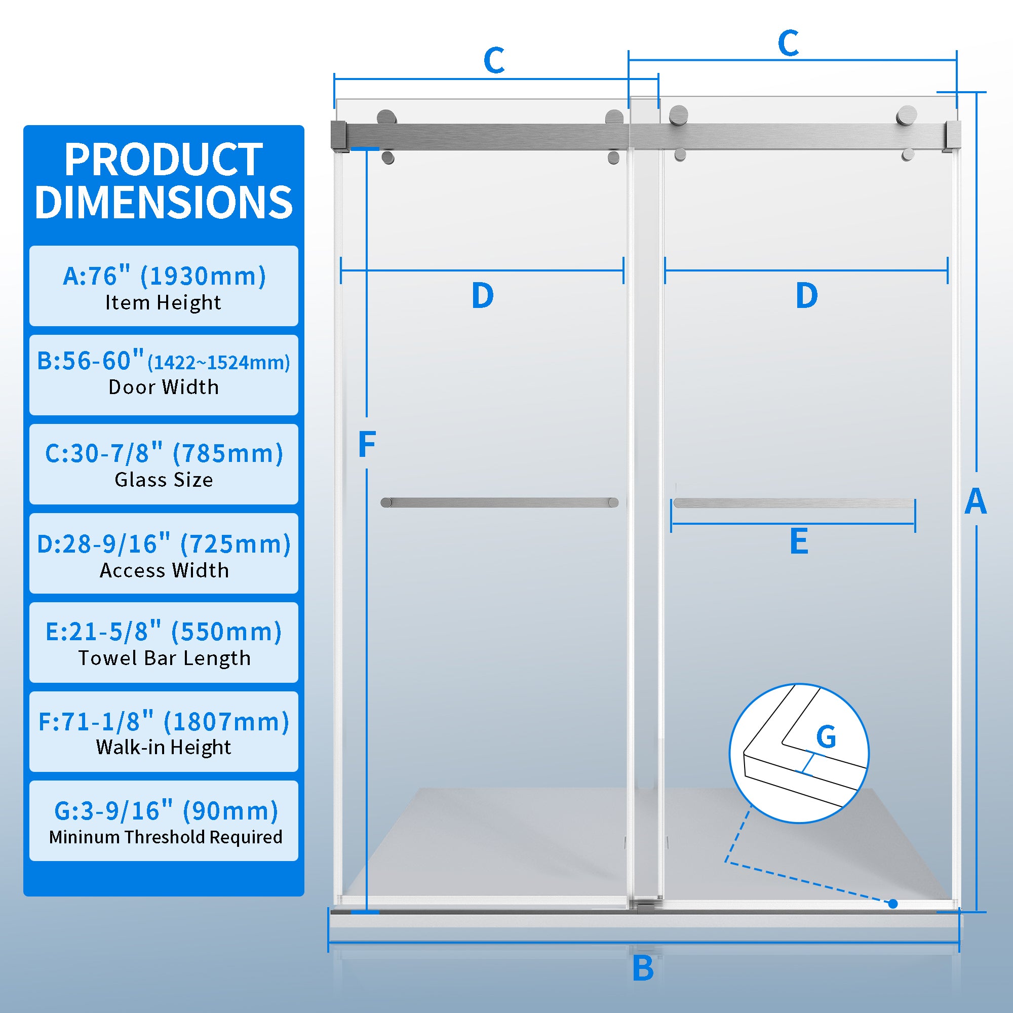 56" - 60" W × 76" H Double Sliding Framless Soft-Close Shower Door With 3/8 inches (10mm) Tempered Safety Glass, Brushed Nickel Finish