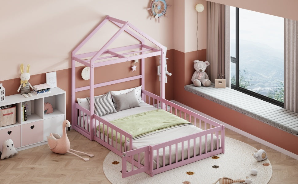 Wooden Floor Bed with Fence Railings and Detachable House Shape Headboard,Full Size Bed with Kids Dress Up Rack, Kids Montessori Style Playhouse Frame for Girls Boys, Pink