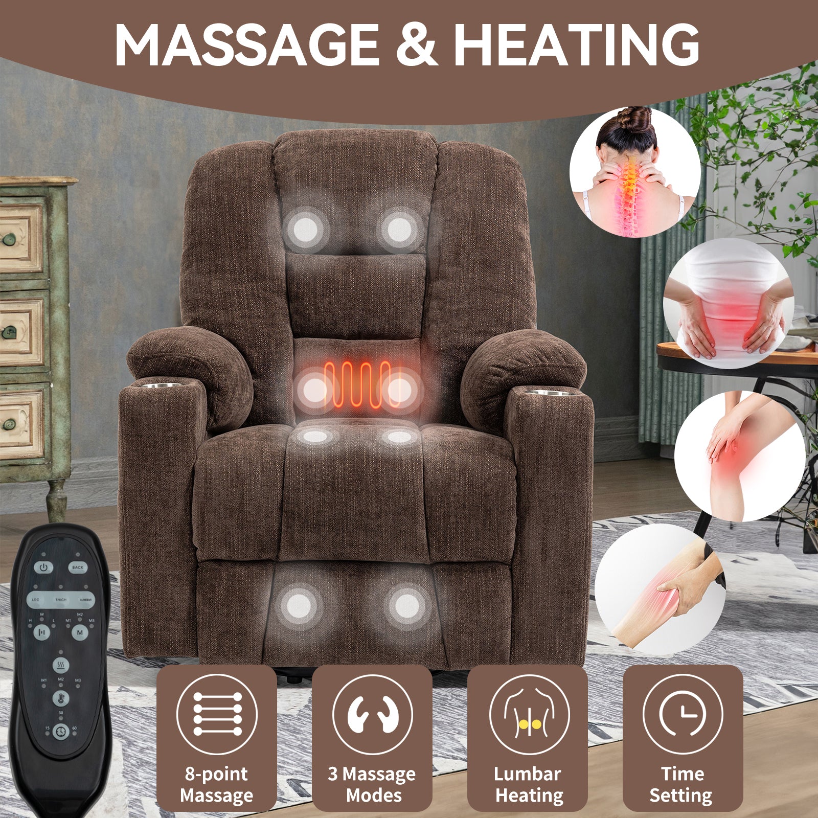 EMON'S Large Power Lift Recliner Chair with Massage and Heat for Elderly, Overstuffed Wide Recliners, Heavy Duty Motion Mechanism with USB and Type C Ports, 2 Steel Cup Holders, Brown