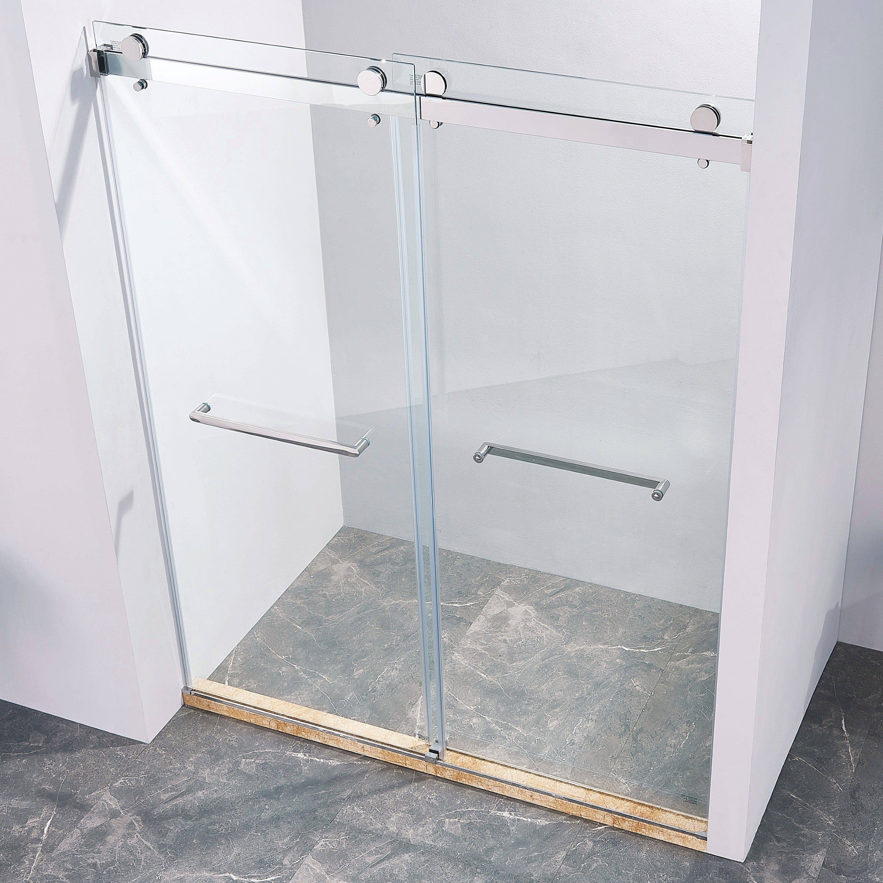 56-60"W x 75"H Frameless Double Sliding Shower Door, 304 Stainless Steel in Chrome, 5/16" (8mm) Thick SGCC Tempered Clear Glass.