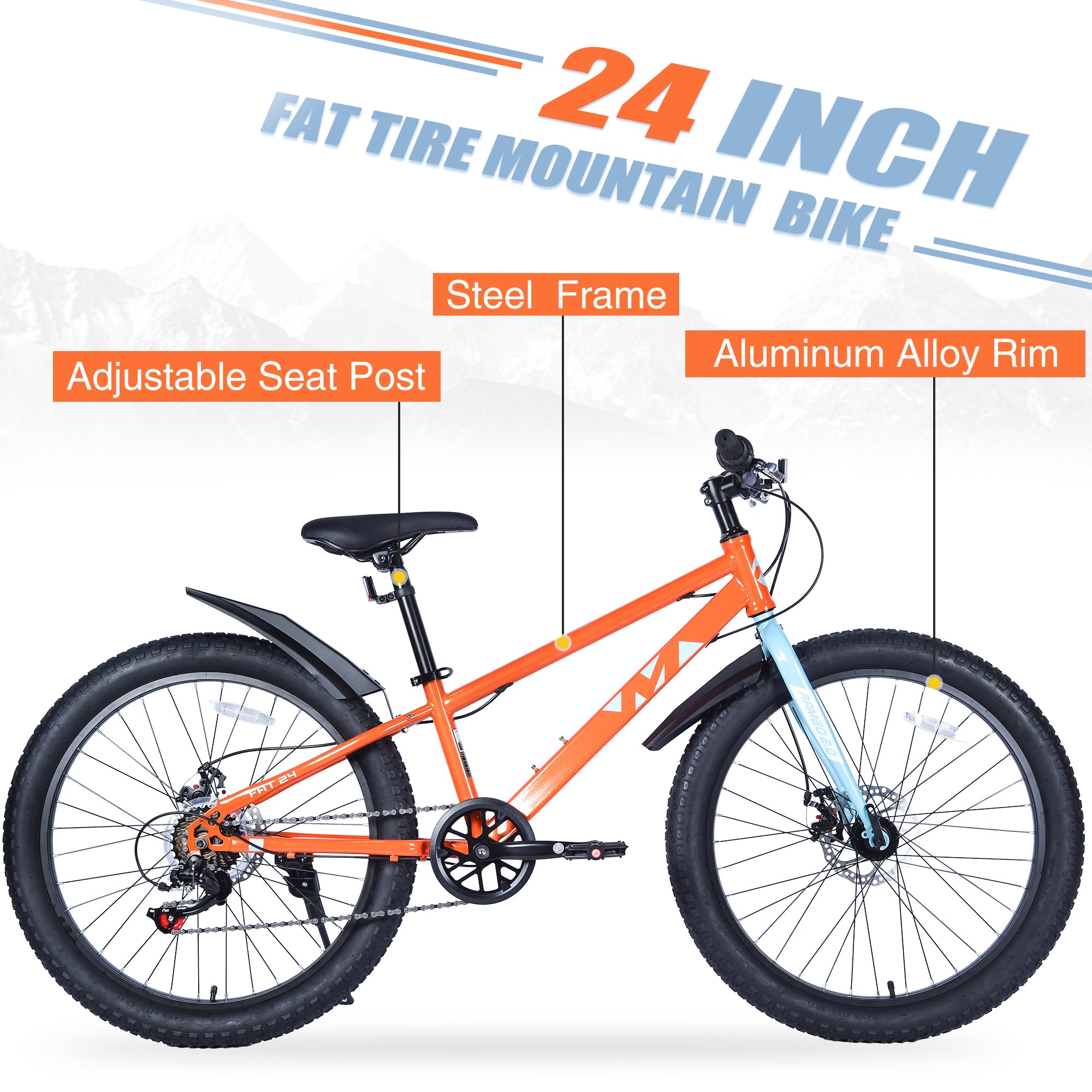 24 Inch Bicycles , Fat Tire Mountain Bike for Boys and Girls Age 10 + Years ,Dual-Disc Brake,Shimano 7-Speed ,Kids Beach and Snow Bicycle